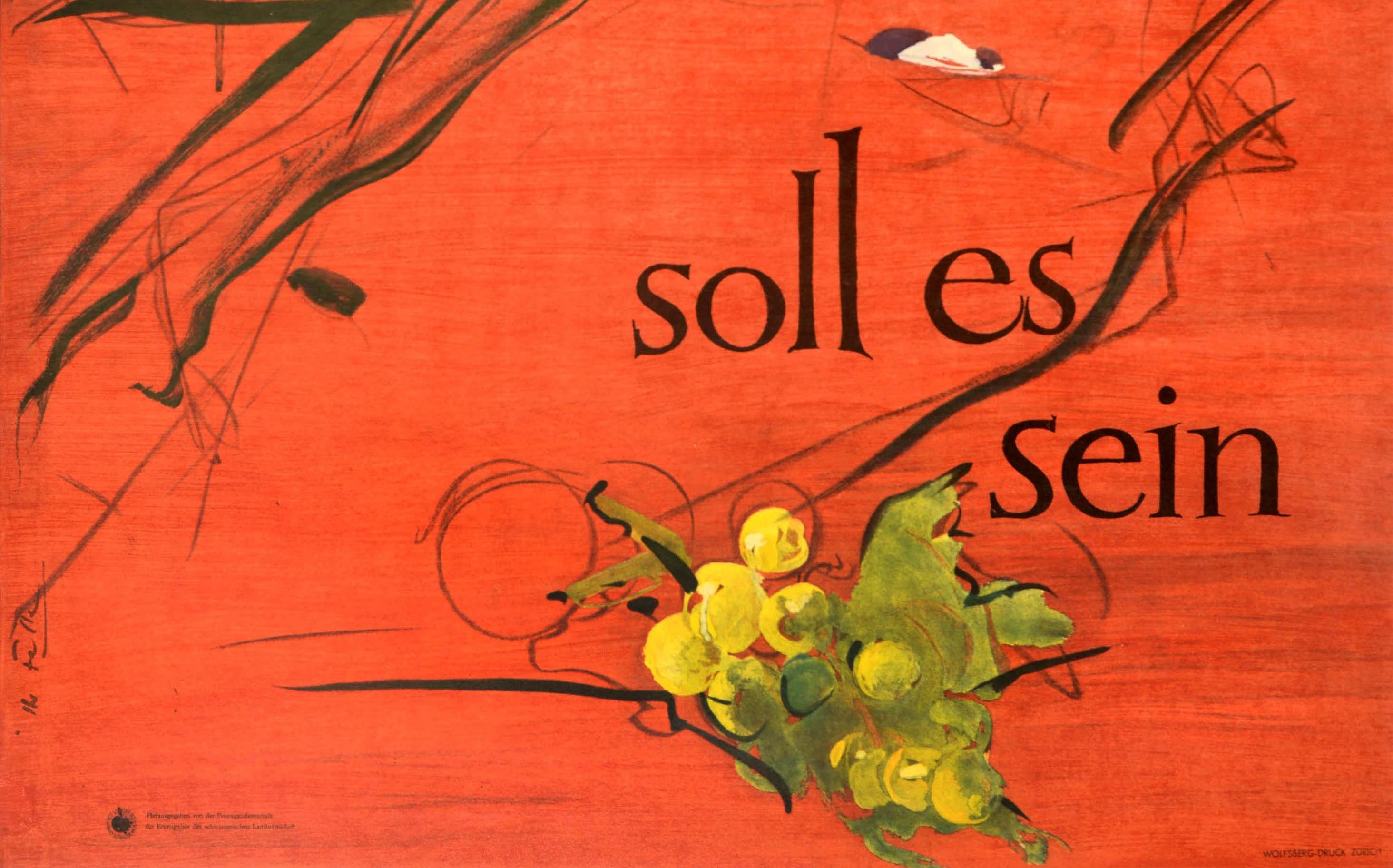 Original Vintage Swiss Wine Poster Schweizer Wein Soll Es Sein Switzerland Drink - Red Print by Hans Falk