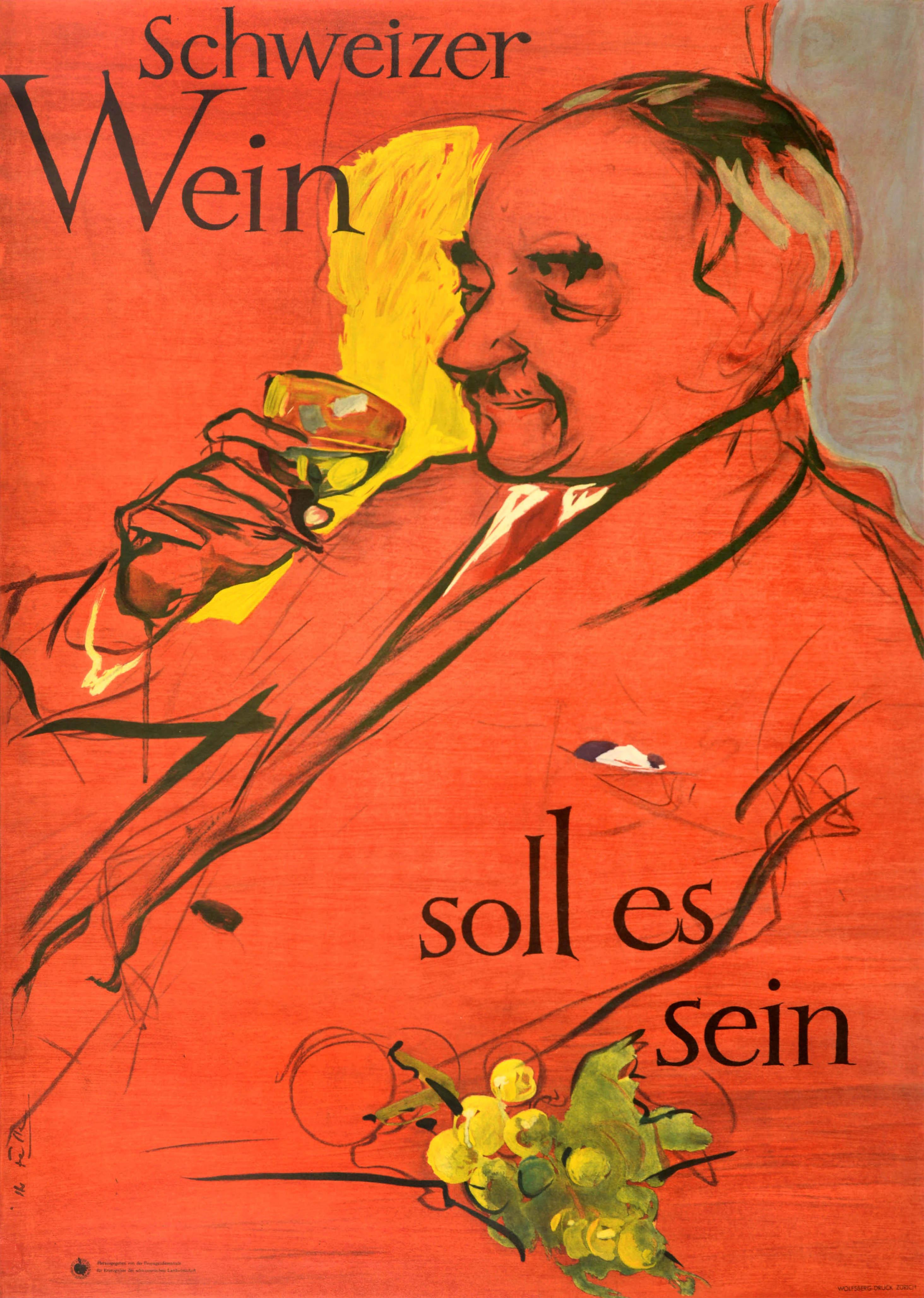 Hans Falk Print - Original Vintage Swiss Wine Poster Schweizer Wein Soll Es Sein Switzerland Drink