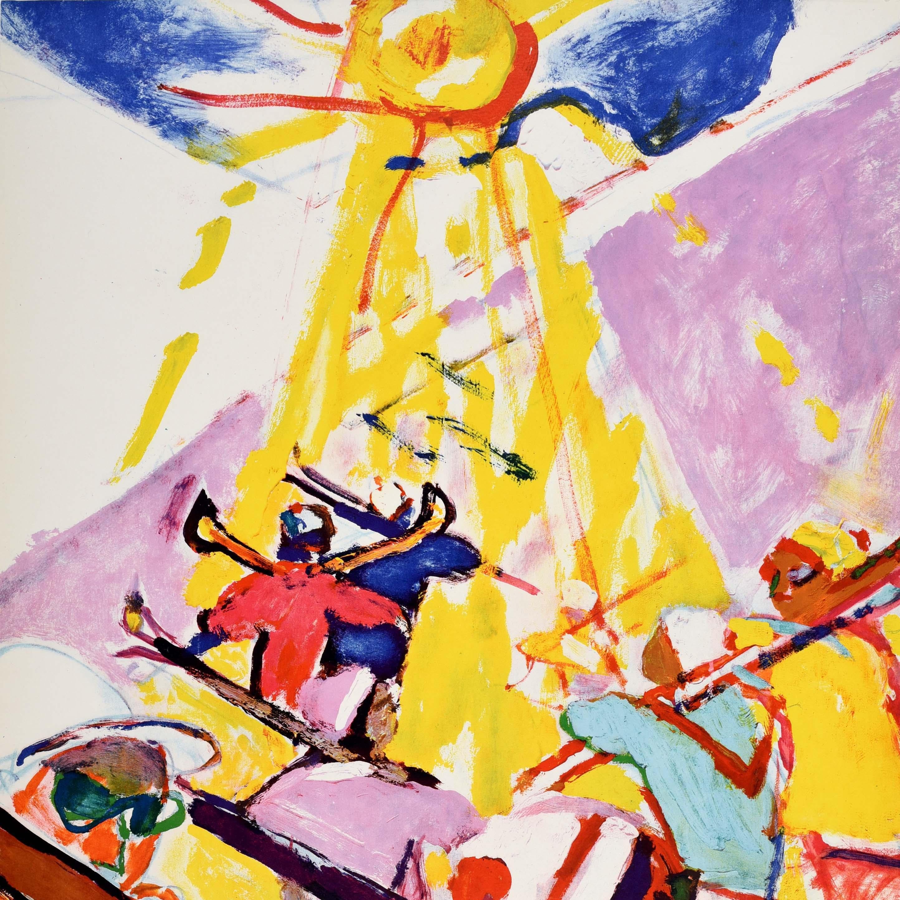 Original vintage winter sport and skiing poster - Sport Au Soleil En Suisse / Sport In The Sun In Switzerland - featuring colourful artwork by the notable artist Hans Falk (1918-2002) of a group of skiers holding their skis over their shoulders as