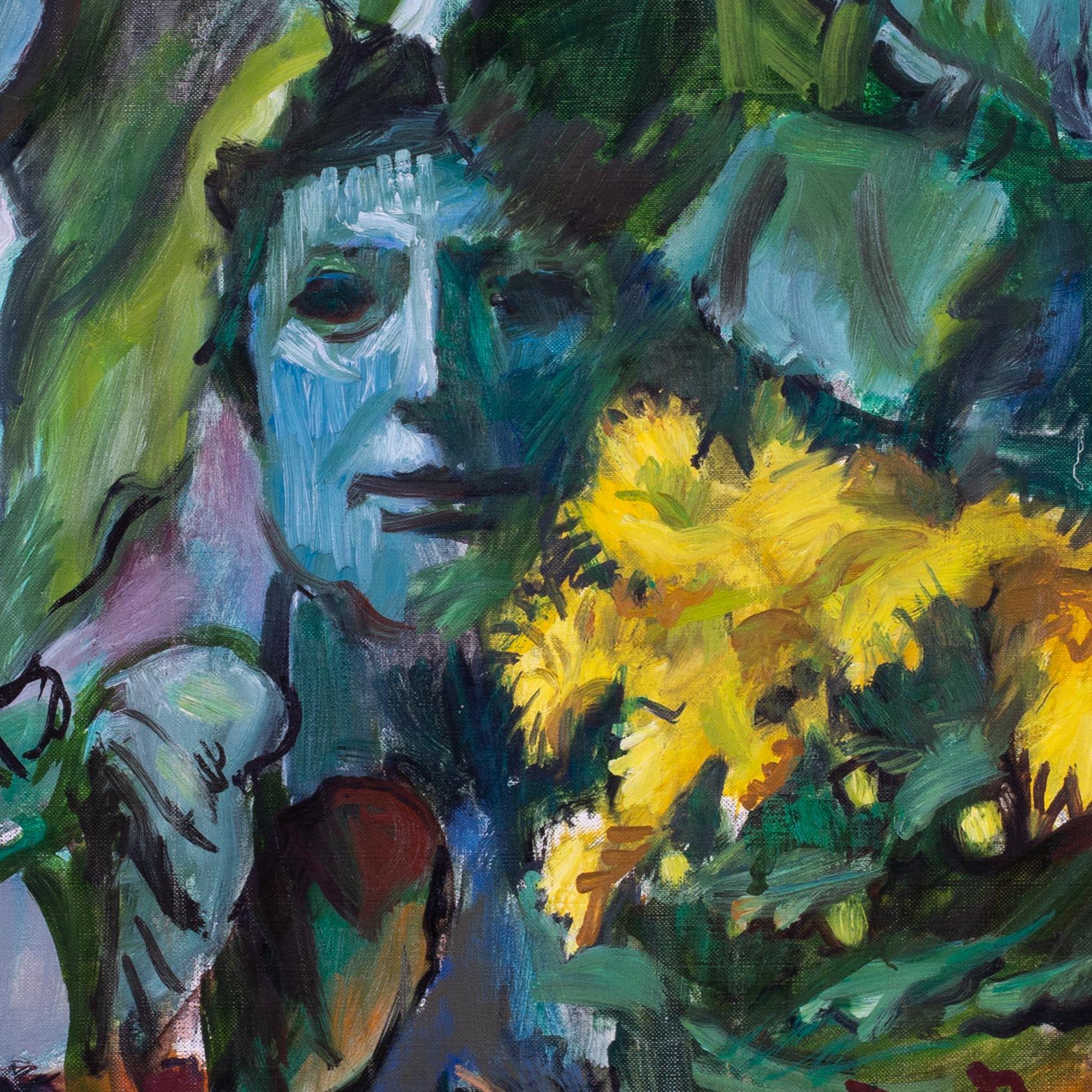 Sunflower and mask, 1982 oil on canvas by Hans Feibusch, British For Sale 3