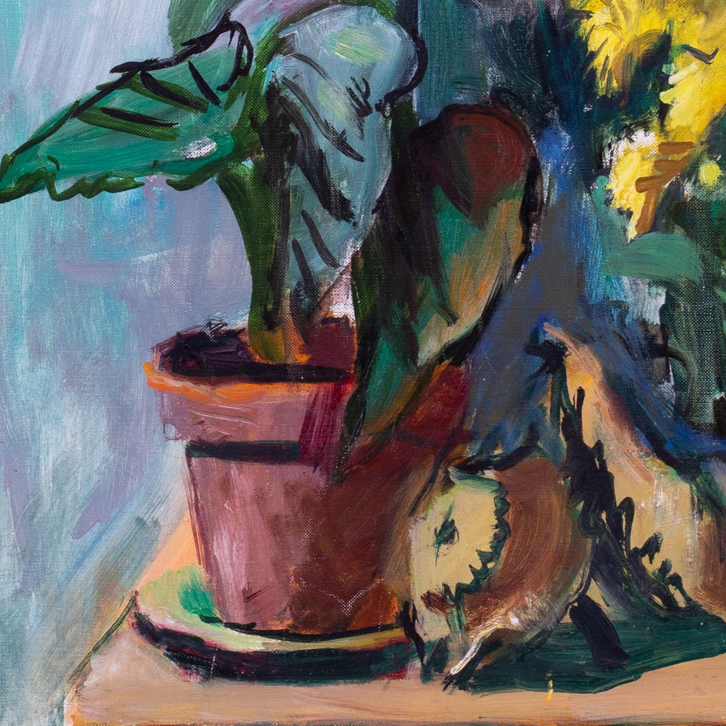 Sunflower and mask, 1982 oil on canvas by Hans Feibusch, British For Sale 5