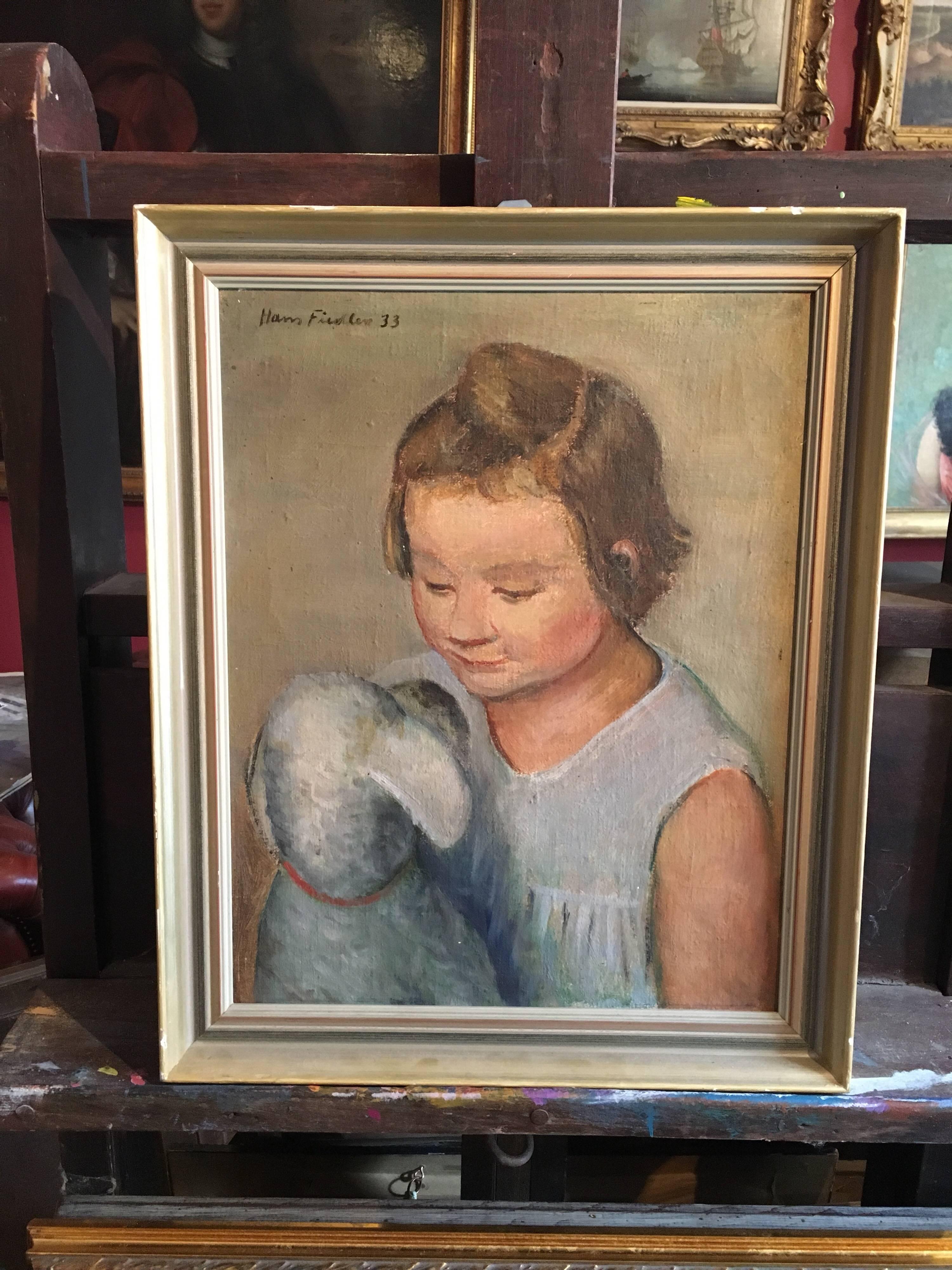 1930's Post-Impressionist Young Girl with her Pet Dog - Painting by Hans Fieldler