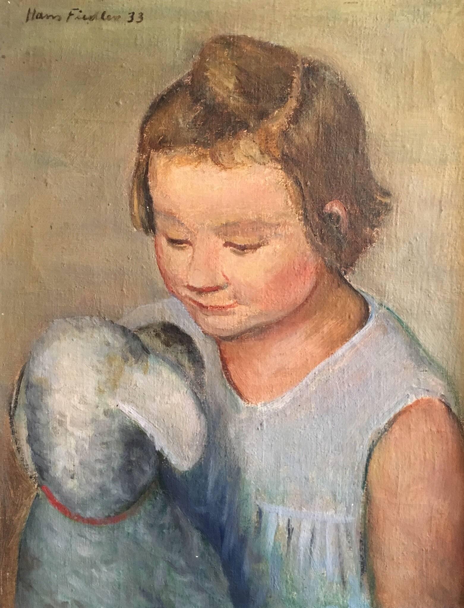 Hans Fieldler Portrait Painting - 1930's Post-Impressionist Young Girl with her Pet Dog