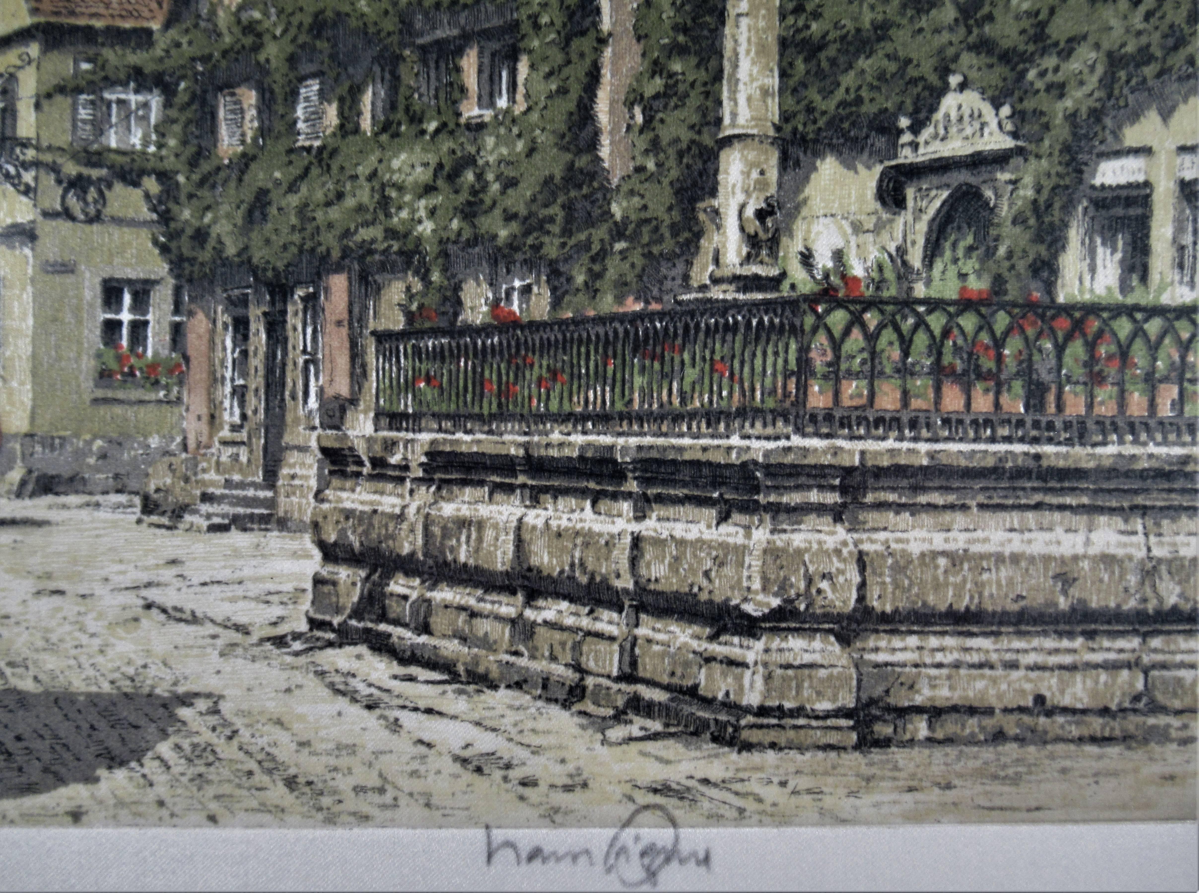 Artista:   Hans Figura (Austria, 1898-1978)
Titolo: Villaggio europeo
Anno:   Circa 1950
Media:	 Acquaforte a colori con acquatinta
Edizione:   Sconosciuto
Carta:   Stampato su seta
Dimensioni del marchio della targa:  10,25 x 12,75 pollici, formato