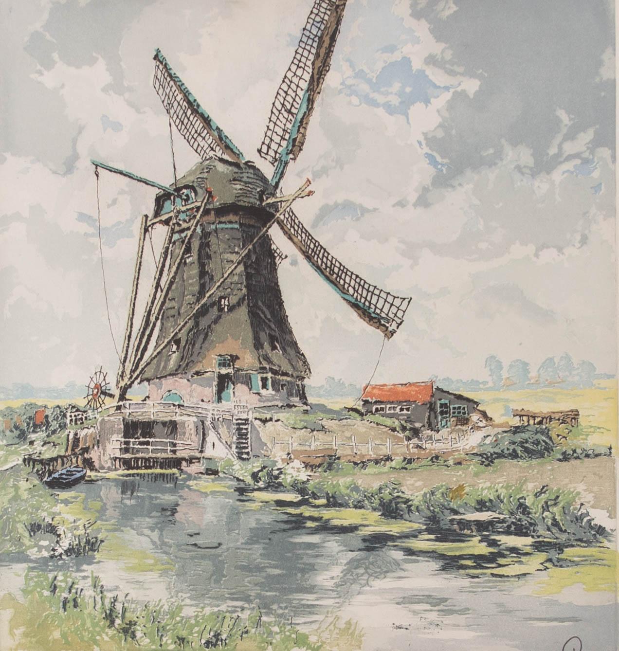 A charming etching with aquatint showing a traditional Dutch windmill in Schiedam in the Netherlands. The artist has signed to the lower right and numbered 70/200 to the lower left. The etching has been presented in a card mount with simple gold