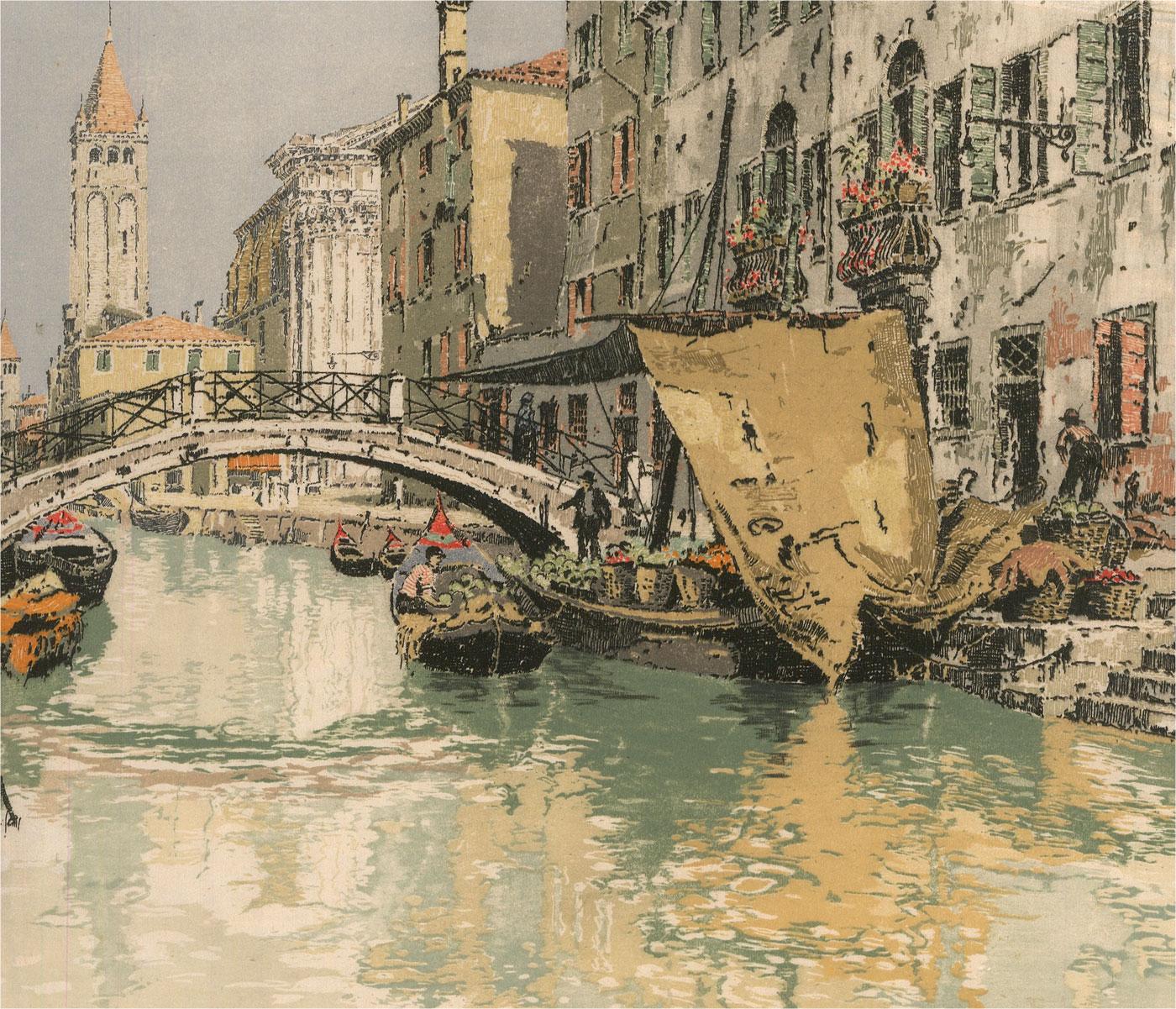 This delightful print depicts gondolas on a Venetian river with a boat selling fruit. The artist has incorporated aquatint and hand colouring into the etching to add depth and tonal value to this charming scene. Signed to the lower right. On silk .
