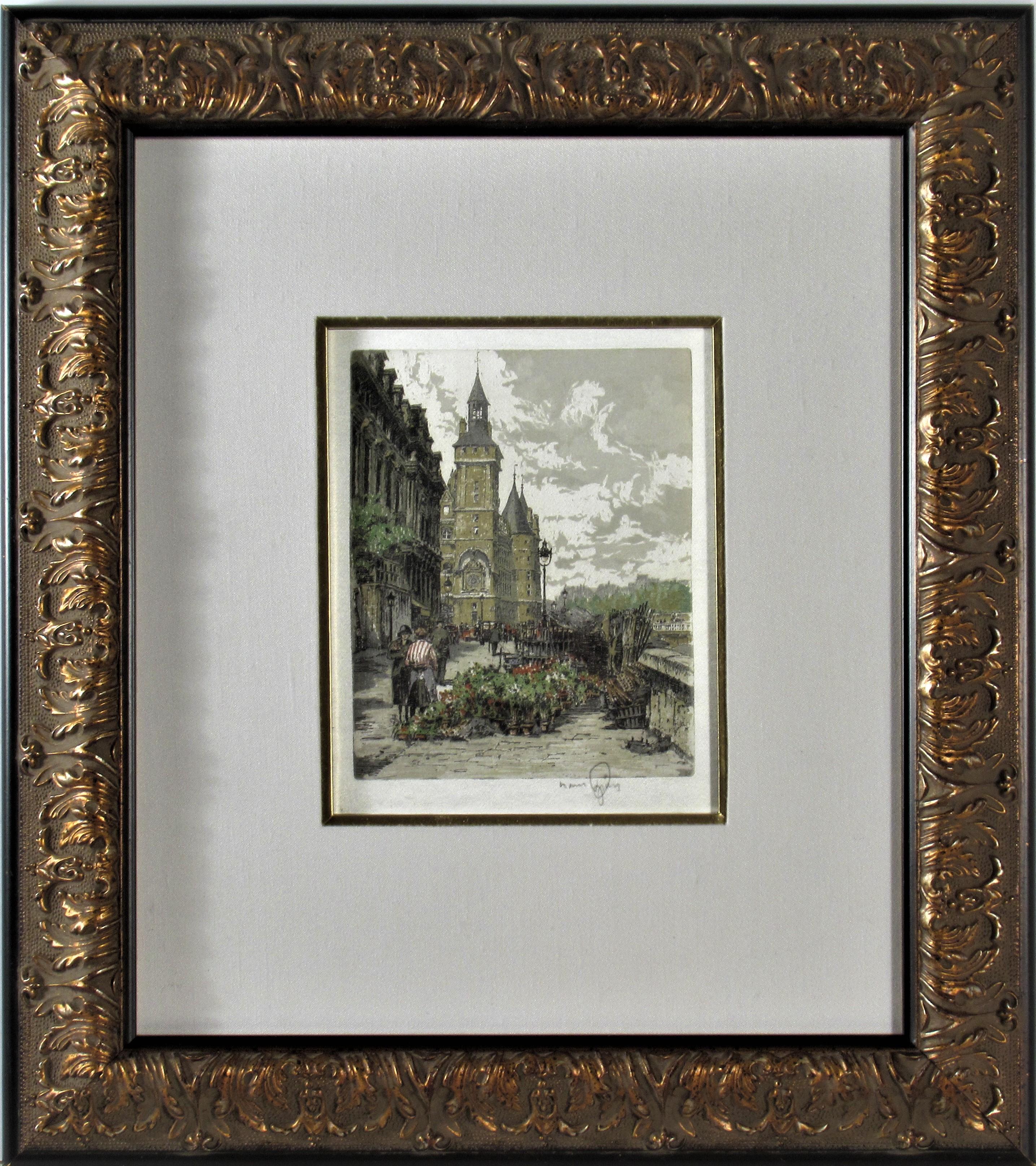 Figurative Print di Hans Figura - Marche aux Fleurs, Quai de l'Horloge, Parigi