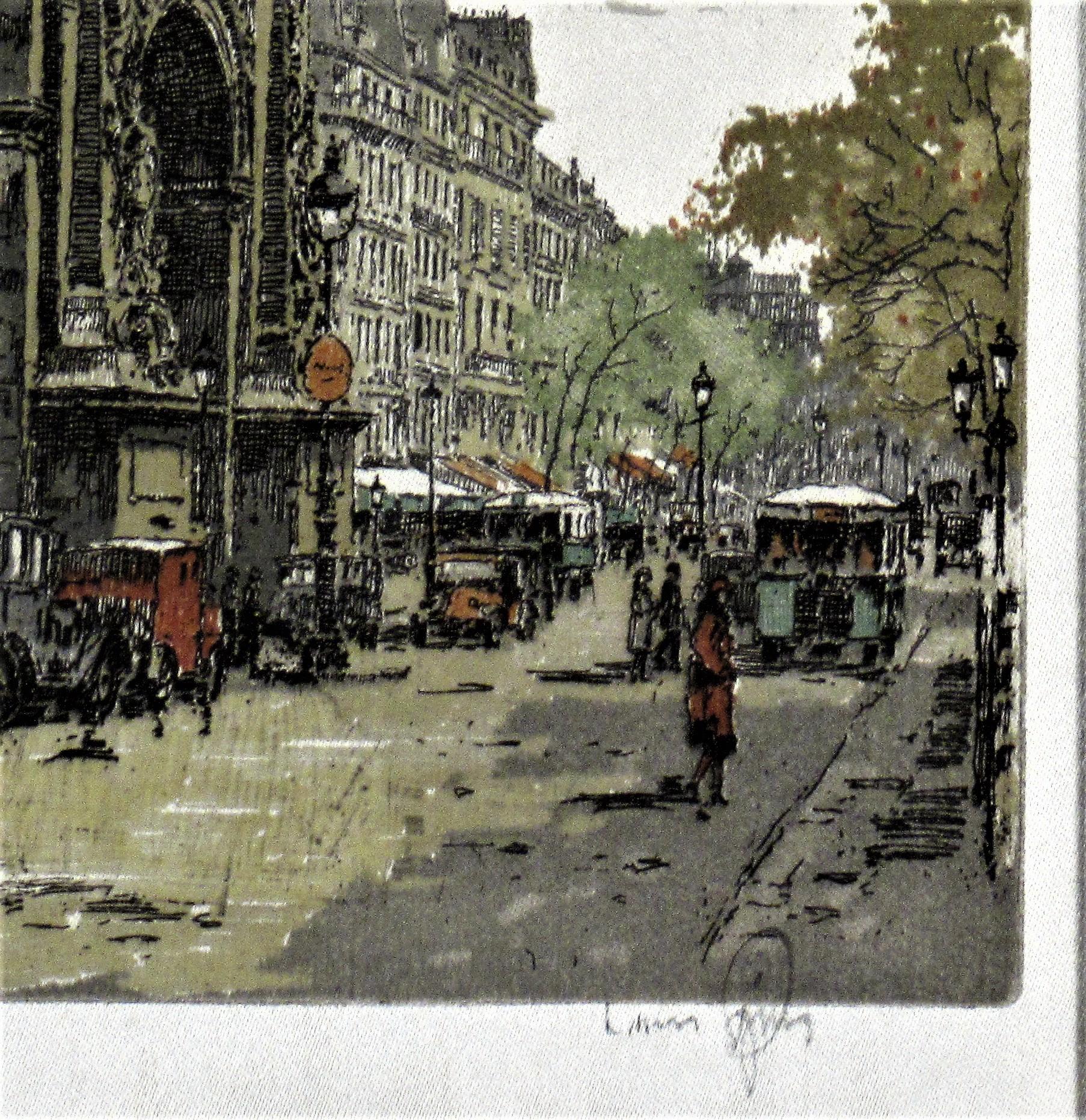 Artiste :   Hans Figura (Autrichien, 1898-1978)
Titre : Porte Saint Denis Paris, Paris
Année :   Circa 1950
Moyen :	 Gravure en couleur avec aquatinte sur soie
Edition :   Inconnu 
Taille de la marque de la plaque (image) :  6.25 x 5 pouces
Taille