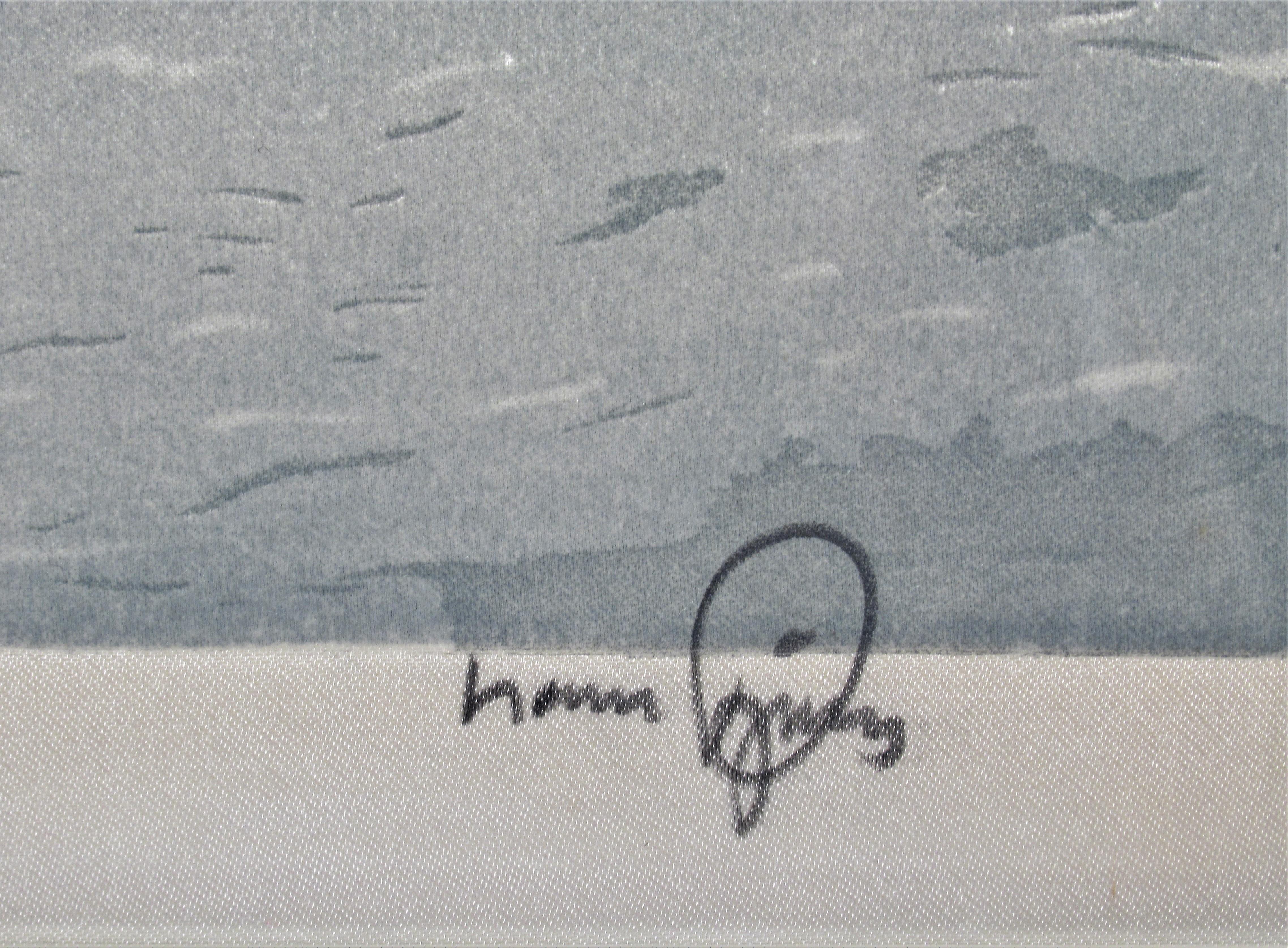 Artiste :   Hans Figura (Autrichien, 1898-1978)
Titre :  Paysage d'hiver
Année :   Circa 1950
Moyen :	 Gravure en couleur avec aquatinte sur soie
Edition :   Inconnu 
Marque de plaque (Image) taille : 17.25 x 13.75 pouces
Taille du cadre :  23 x