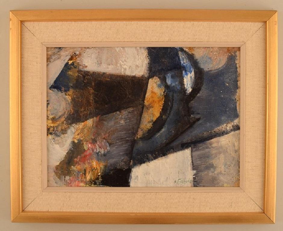 Hans Fritzdorf (1927-1990), listed Swedish artist. Oil on canvas. 
Abstract composition. Mid-20th century.
The canvas measures: 27 x 19 cm.
The frame measures: 6 cm.
In excellent condition.
Signed.