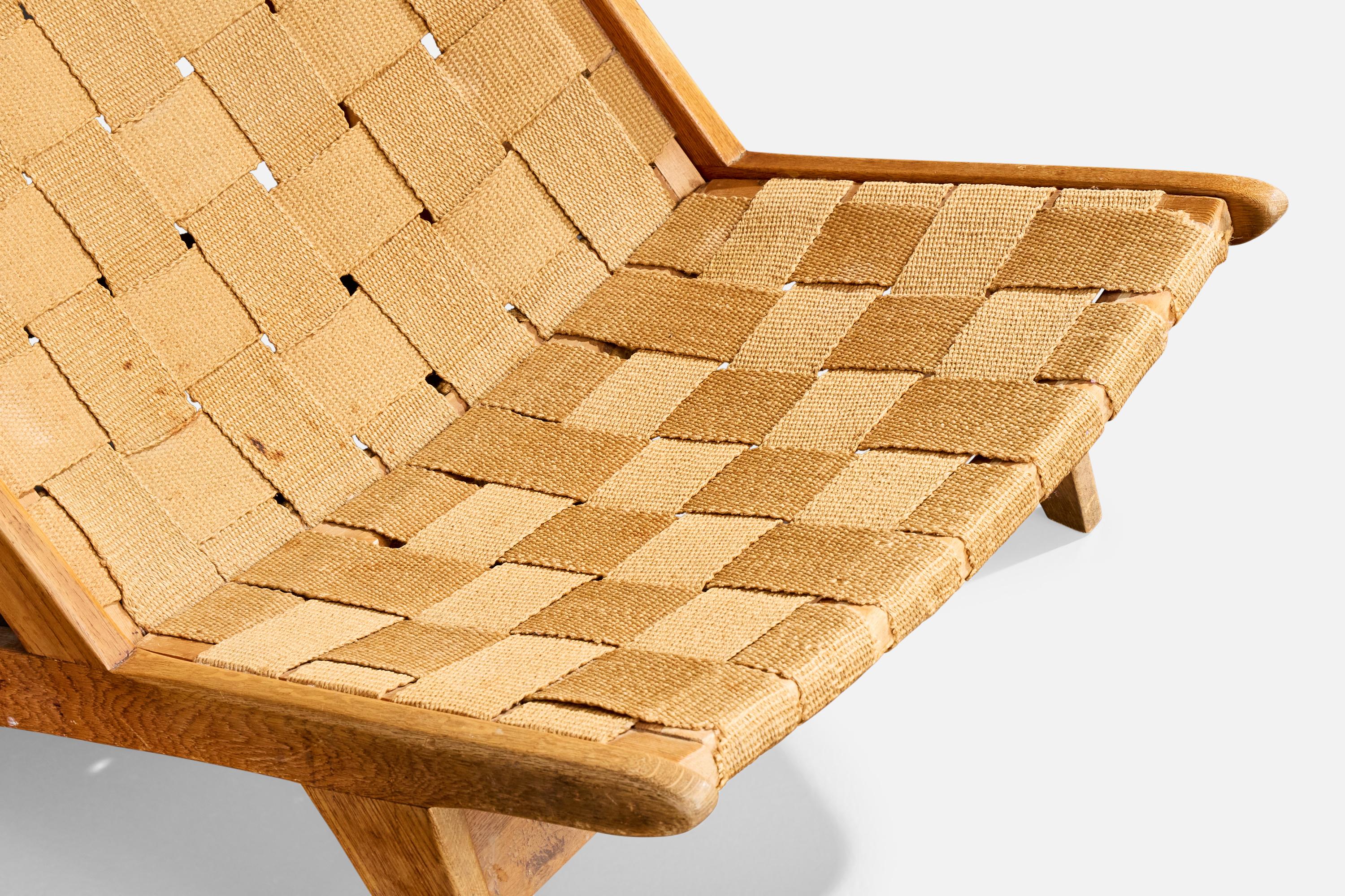 Hans A Nielsen Attribution, chaise longue, Oak, sangles, Danemark, années 1960 en vente 3