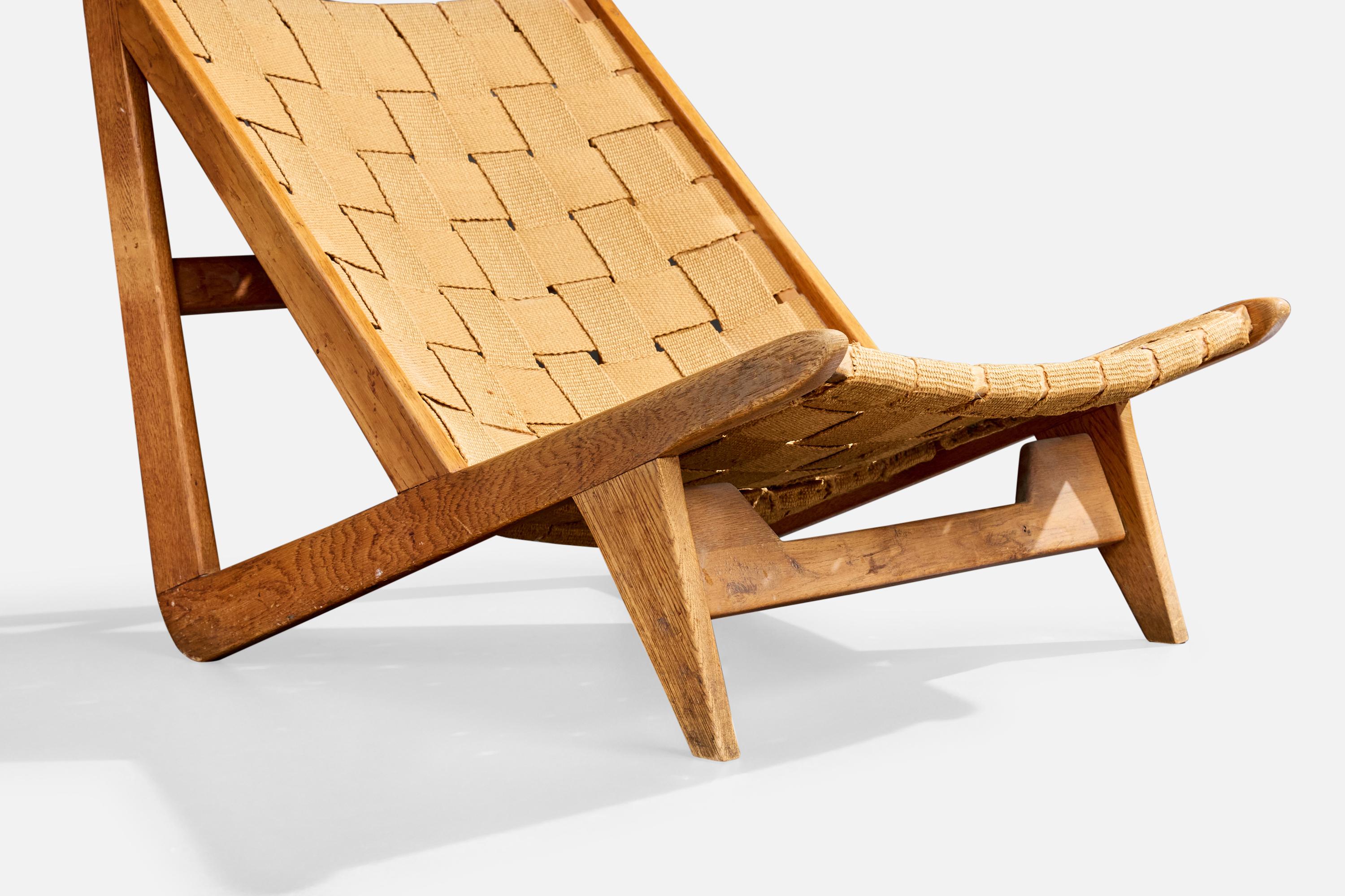 Hans A Nielsen Attribution, chaise longue, Oak, sangles, Danemark, années 1960 en vente 4