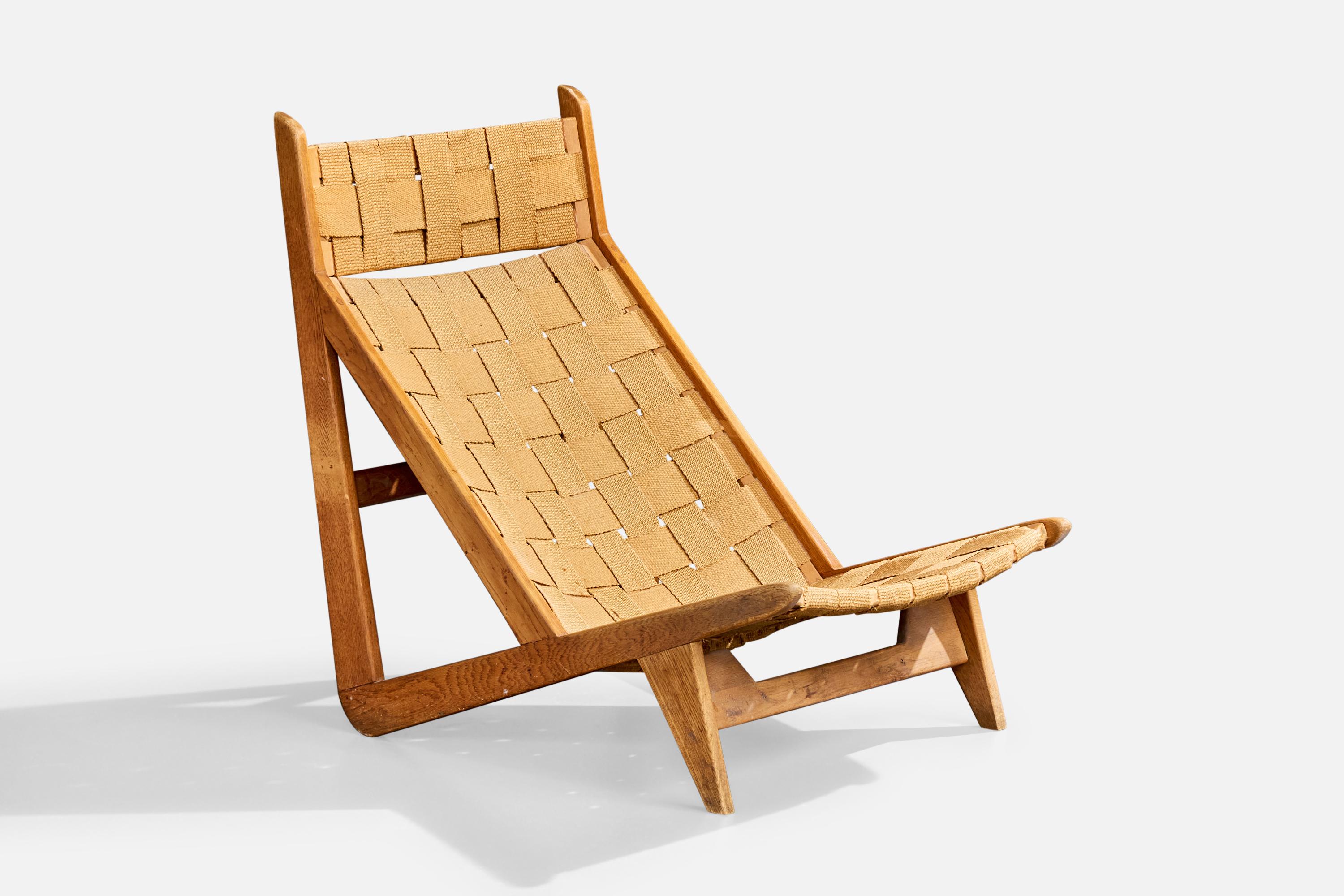 Mid-Century Modern Hans A Nielsen Attribution, chaise longue, Oak, sangles, Danemark, années 1960 en vente