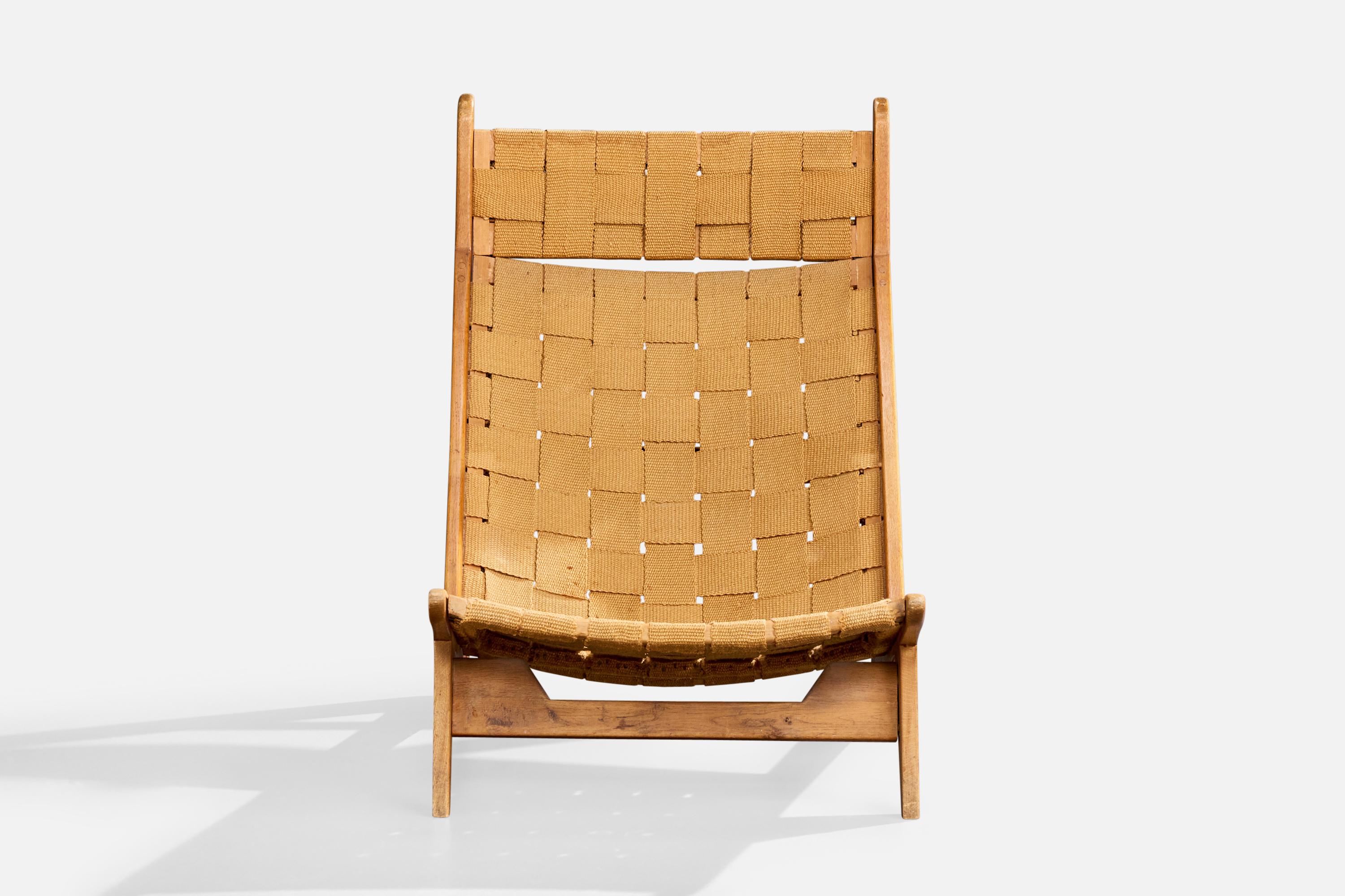Hans A Nielsen Attribution, chaise longue, Oak, sangles, Danemark, années 1960 Bon état - En vente à High Point, NC