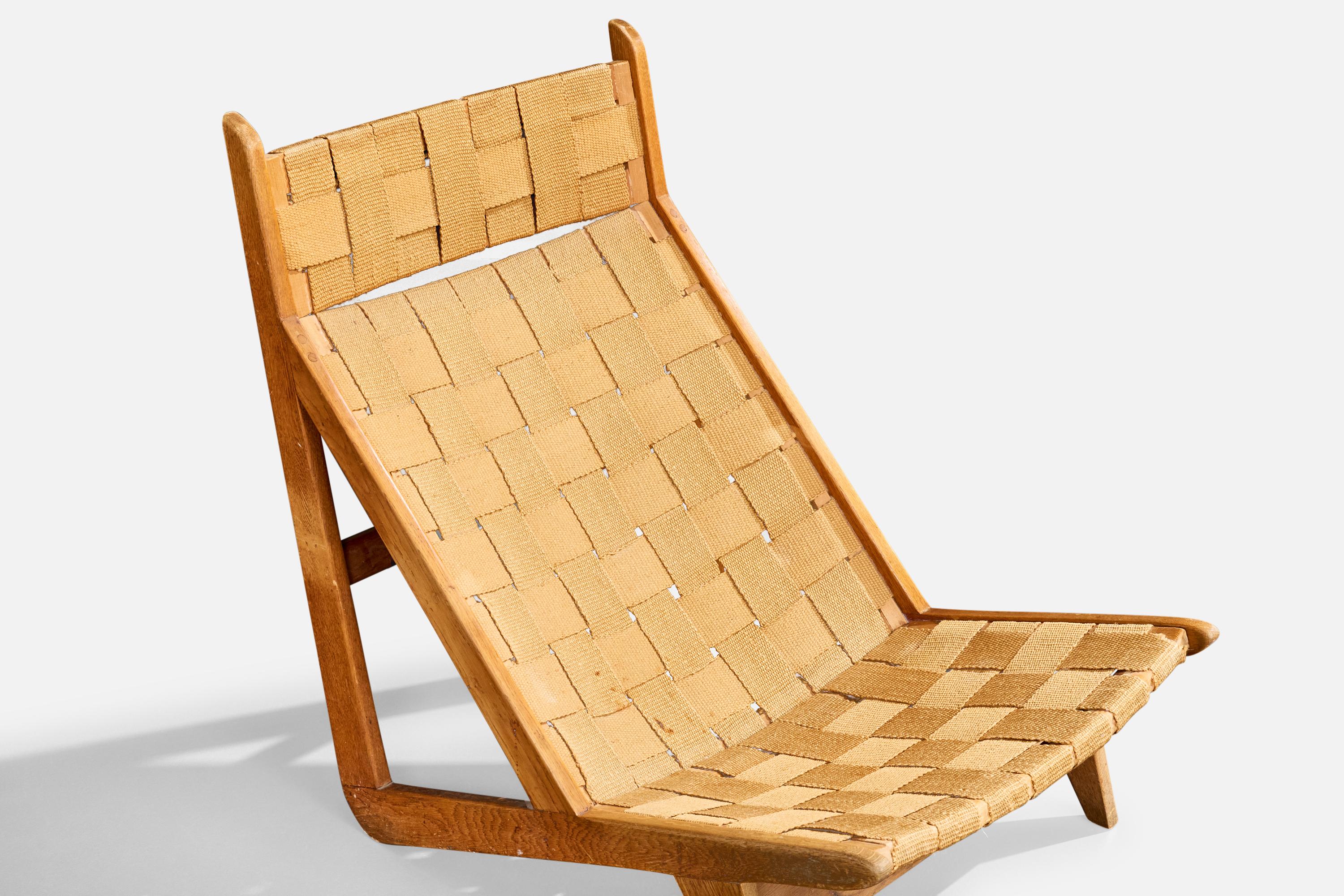 Hans A Nielsen Attribution, chaise longue, Oak, sangles, Danemark, années 1960 en vente 1