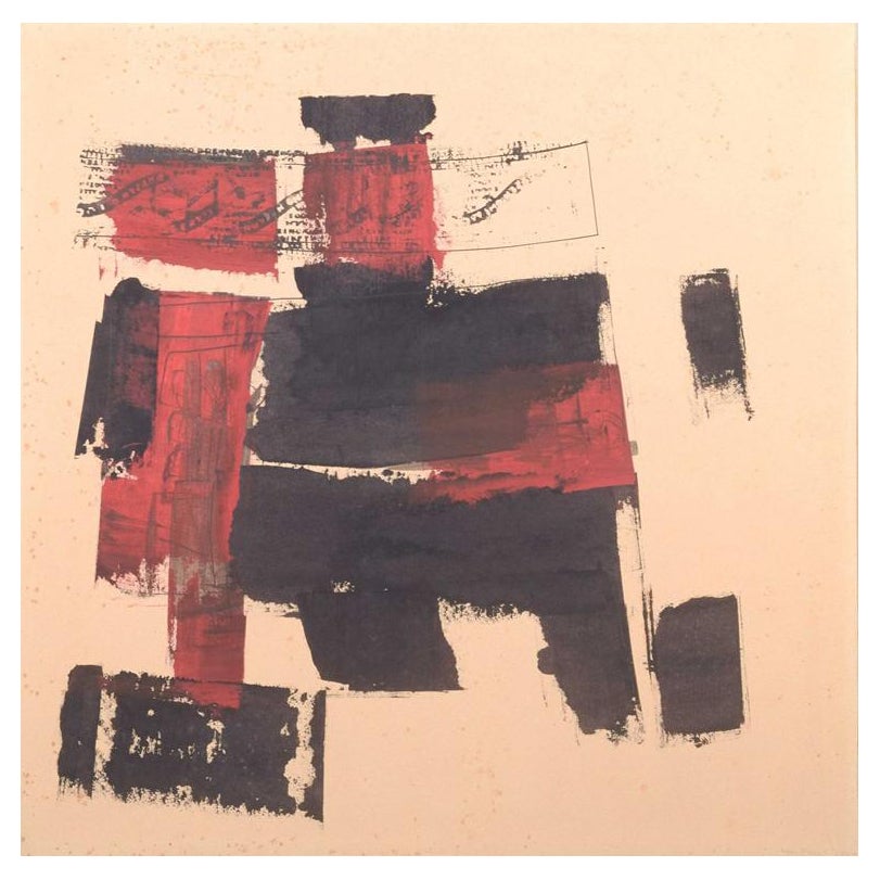 Hans Funch. Litografia a colori in nero e rosso. Composizione astratta, 1964.