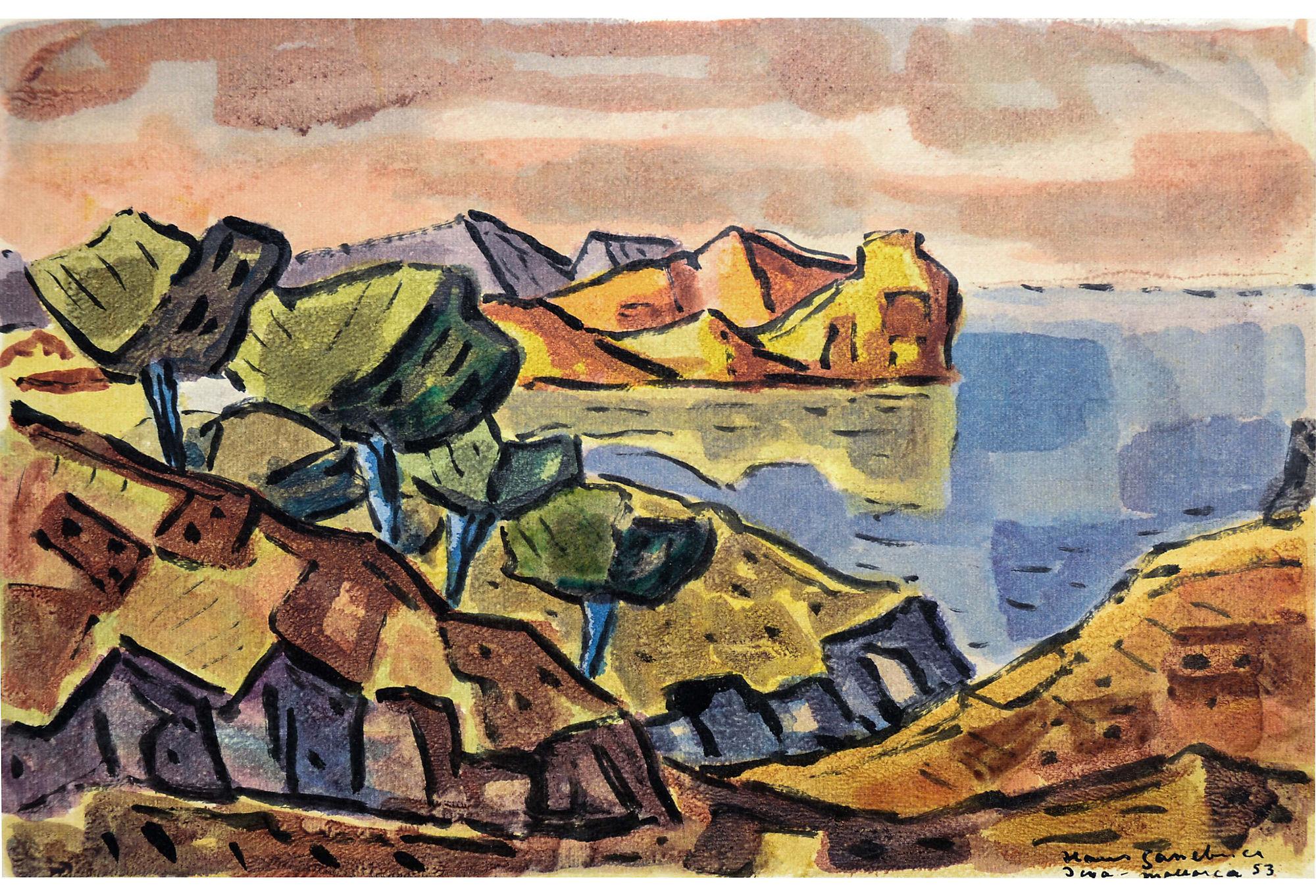 Mid Century Coast of Majorca Landscape - Painting by Hans Gassebner
