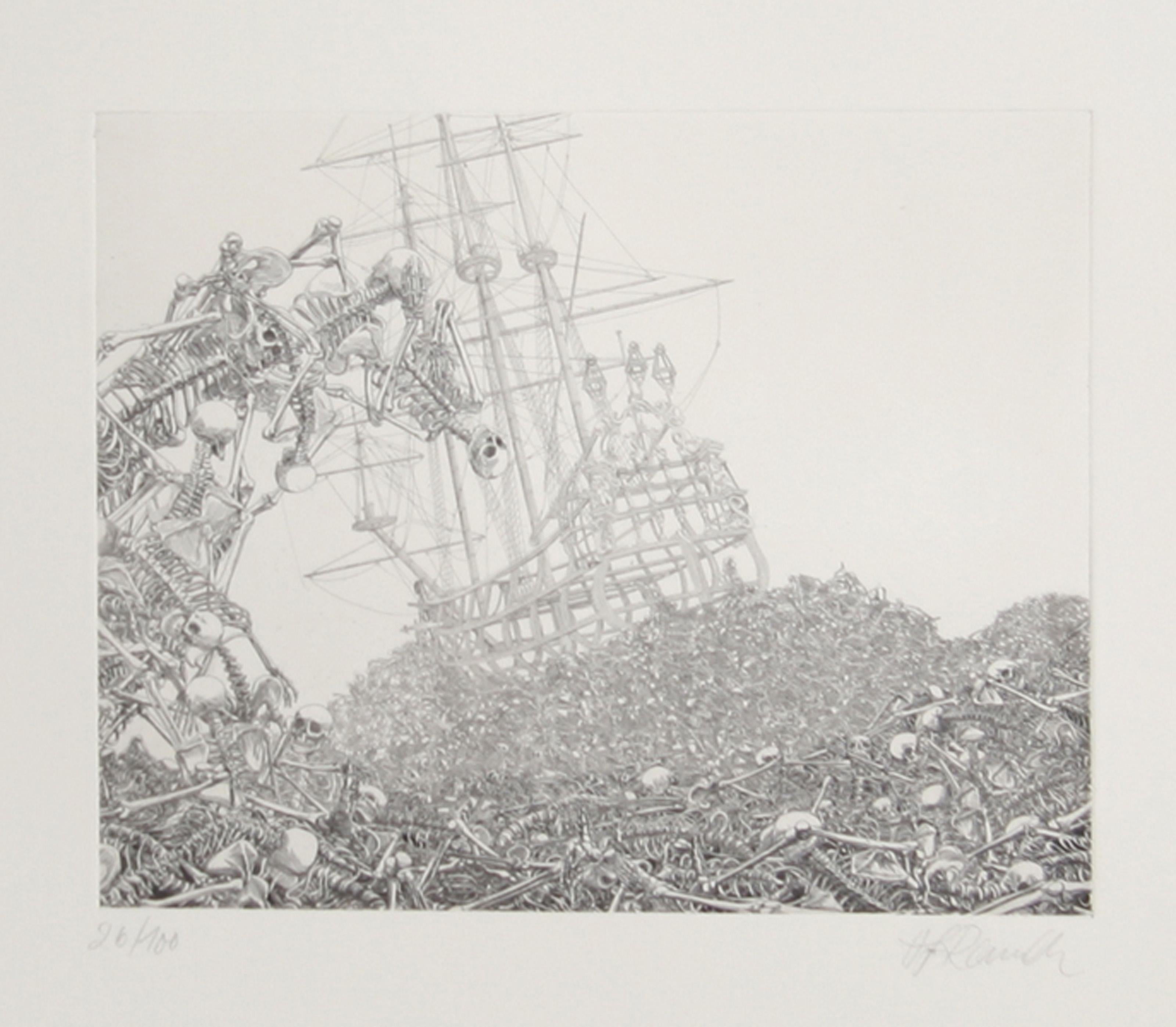 Bateau et Ossements, Surrealist Aquatint Etching by Hans-Georg Rauch