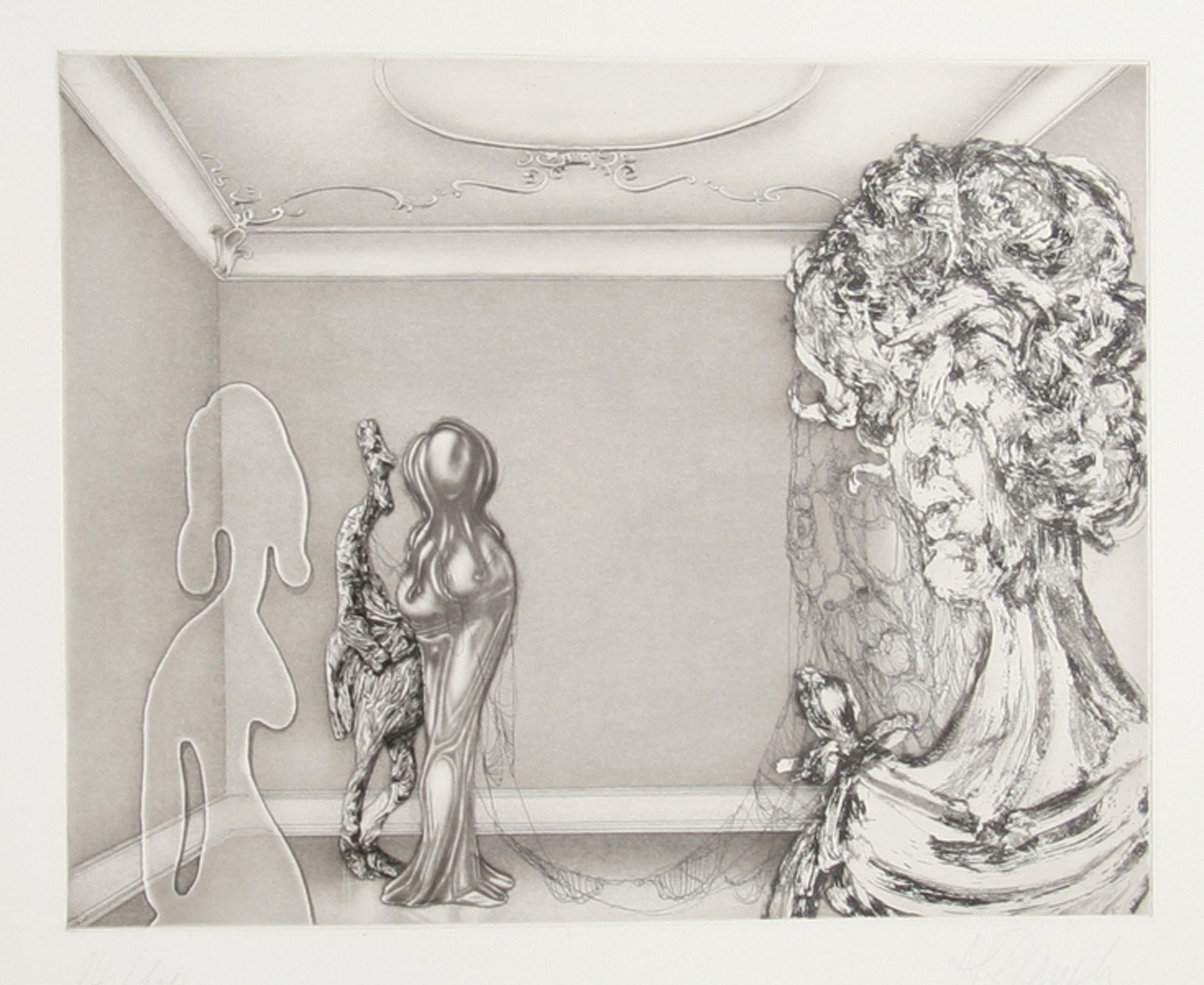 Hans Georg RAUCH Figurative Print - Four Ladies in A Windowless Room, Surrealist Etching by Hans-Georg Rauch