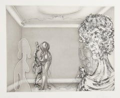Quattro signore in una stanza senza finestre, acquaforte surrealista di Hans Georg RAUCH