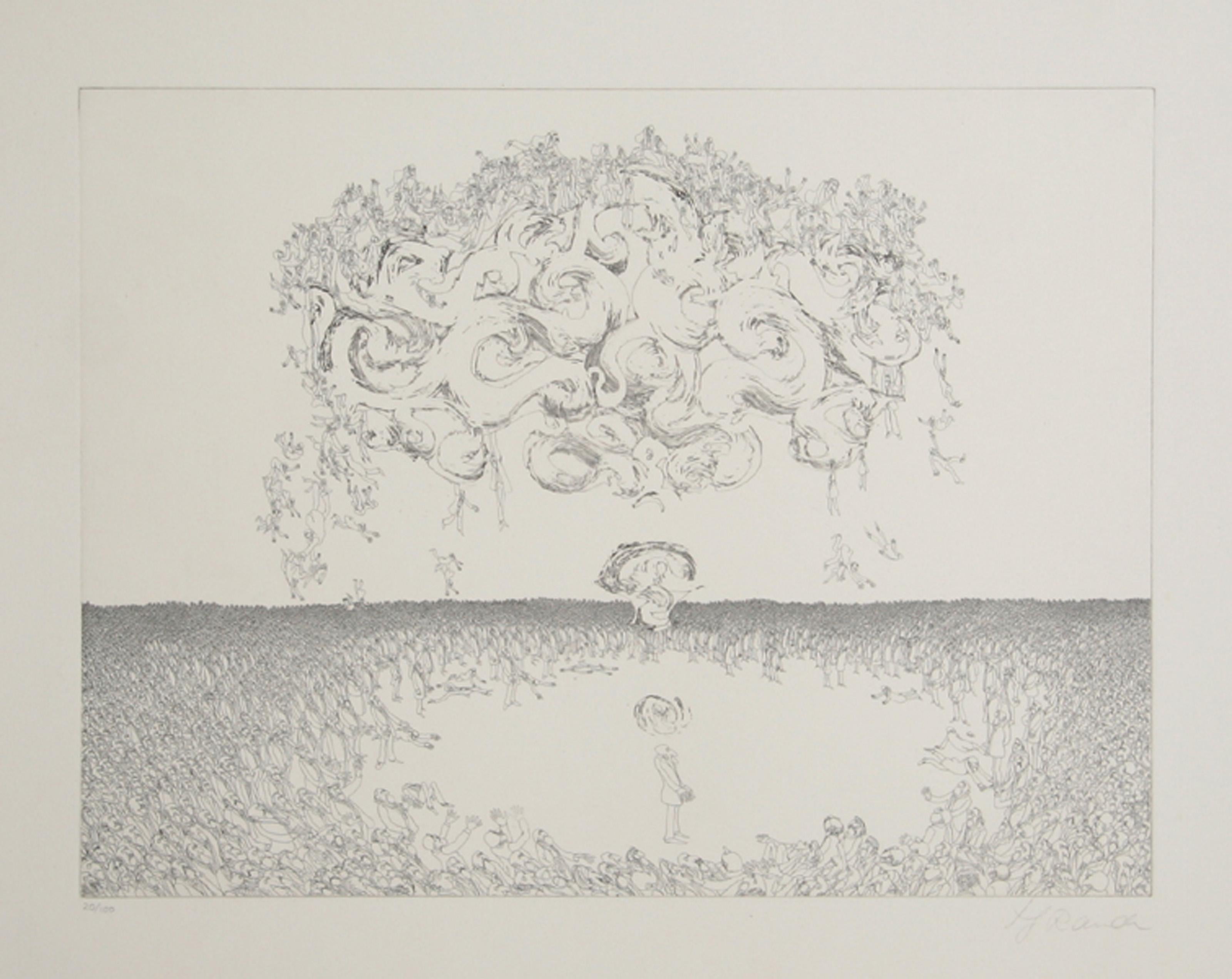 Hans Georg RAUCH Landscape Print - Girl Under Storm, Surrealist Aquatint Etching by Hans-Georg Rauch