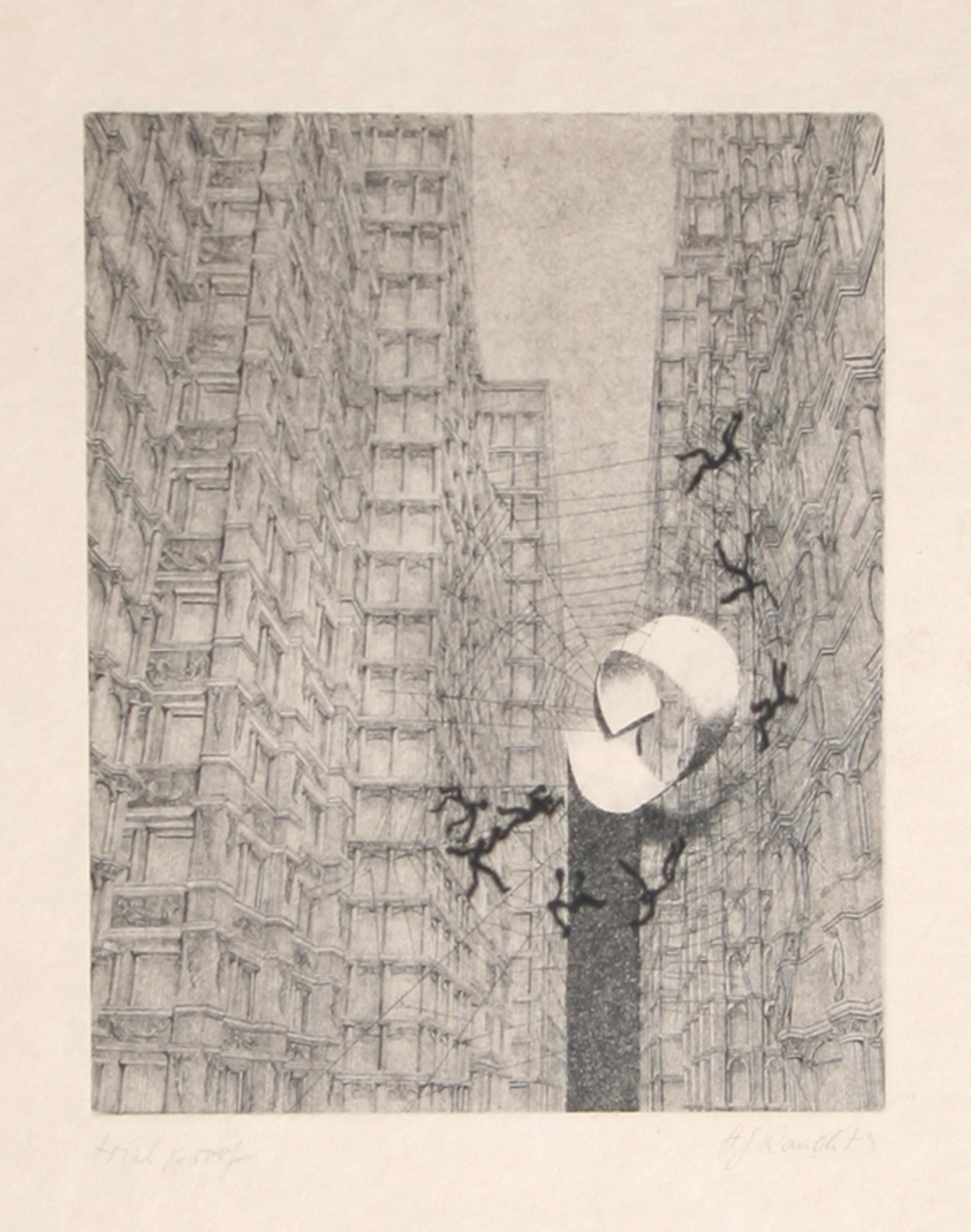 Hans Georg RAUCH Landscape Print - Men Caught in a Web, Surrealist Aquatint Etching by Hans-Georg Rauch