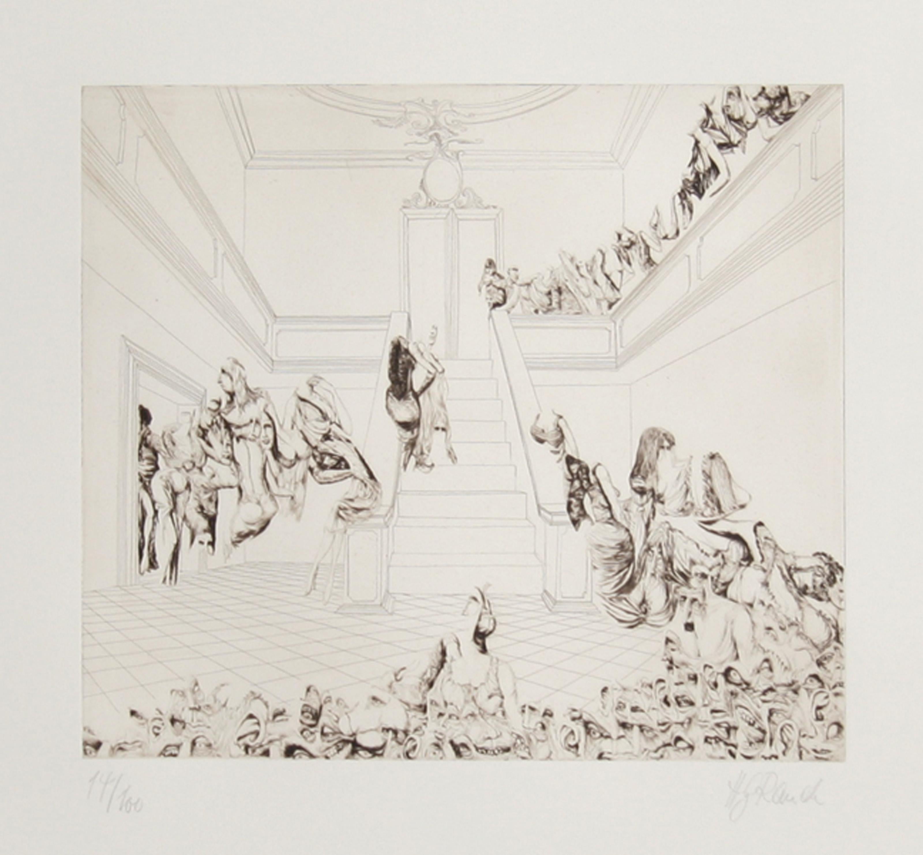 Hans Georg RAUCH Figurative Print - The Crazy Party, Surrealist Aquatint Etching by Hans-Georg Rauch