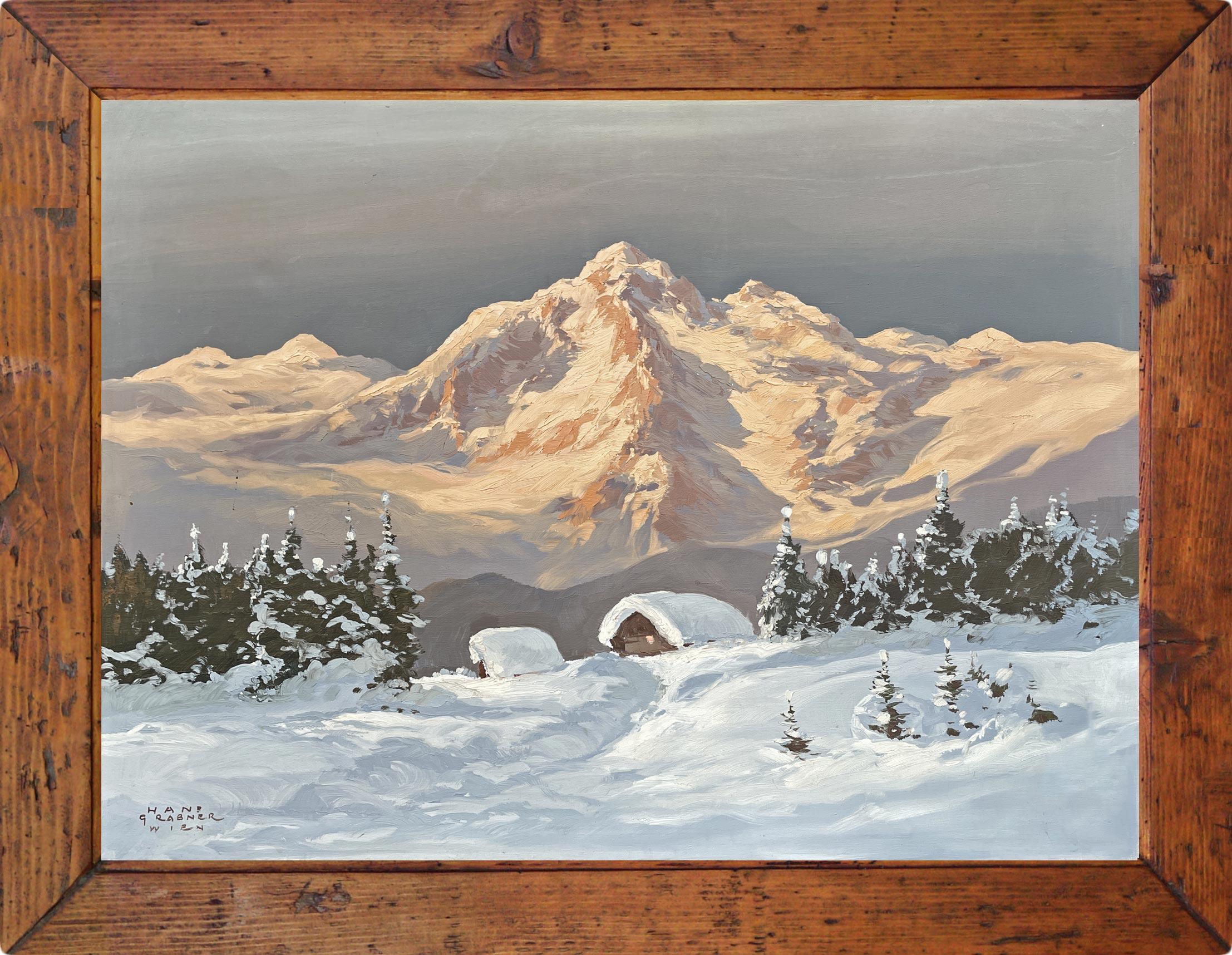 Hans Grabner – snowy landscape at twilight.

Measures: 60 x 80 cm (dimensions referring to the painting only)
75 x 955 (dimensions including the antique fir frame)
Oil on canvas - around 1950

The sun is about to set, leaving only the rocky