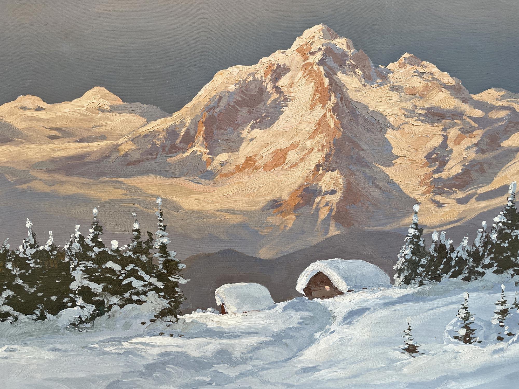 Hans Grabner, Snowy Landscape at Twilight Oil on Canvas 1