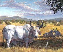 Oil landscape of Costa Rican cattle in old master realist style by Hans Guerin
