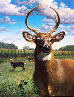 Le cerf au paysage ensoleillé dans le style réaliste de l'ancien maître 30 x 24 par Hans Guerin
