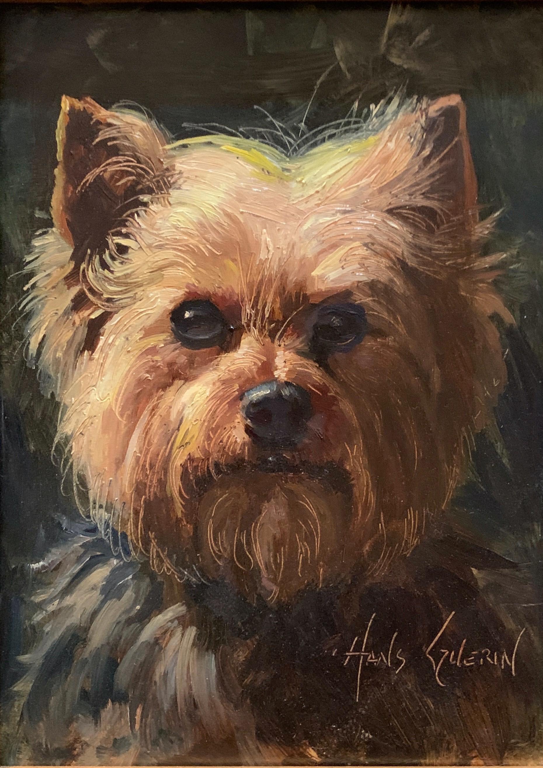 Hans Guerin Animal Painting – Terrier-Hundegemälde mit detaillierten Pinselstrichen in einem schönen, dramatischen Rahmen