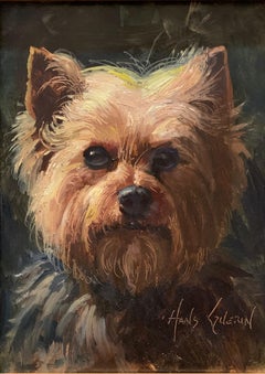 Terrier dog painting with detailed brush strokes in a handsome dramatic frame
