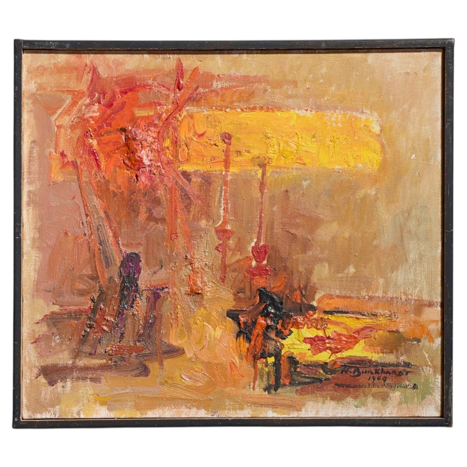 Hans Gustav Burkhardt, Mitte des Jahrhunderts, 1969, signiertes abstraktes Original-Ölgemälde