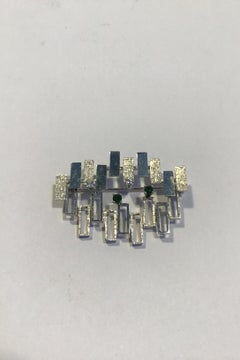 Hans Hansen 18 Karat White Gold Brooch with Tourmaline and Diamond