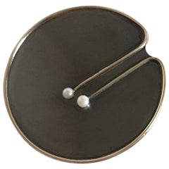 Hans Hansen Brooch in Oxidized Sterling Silver with Pearl and Gilded Rim