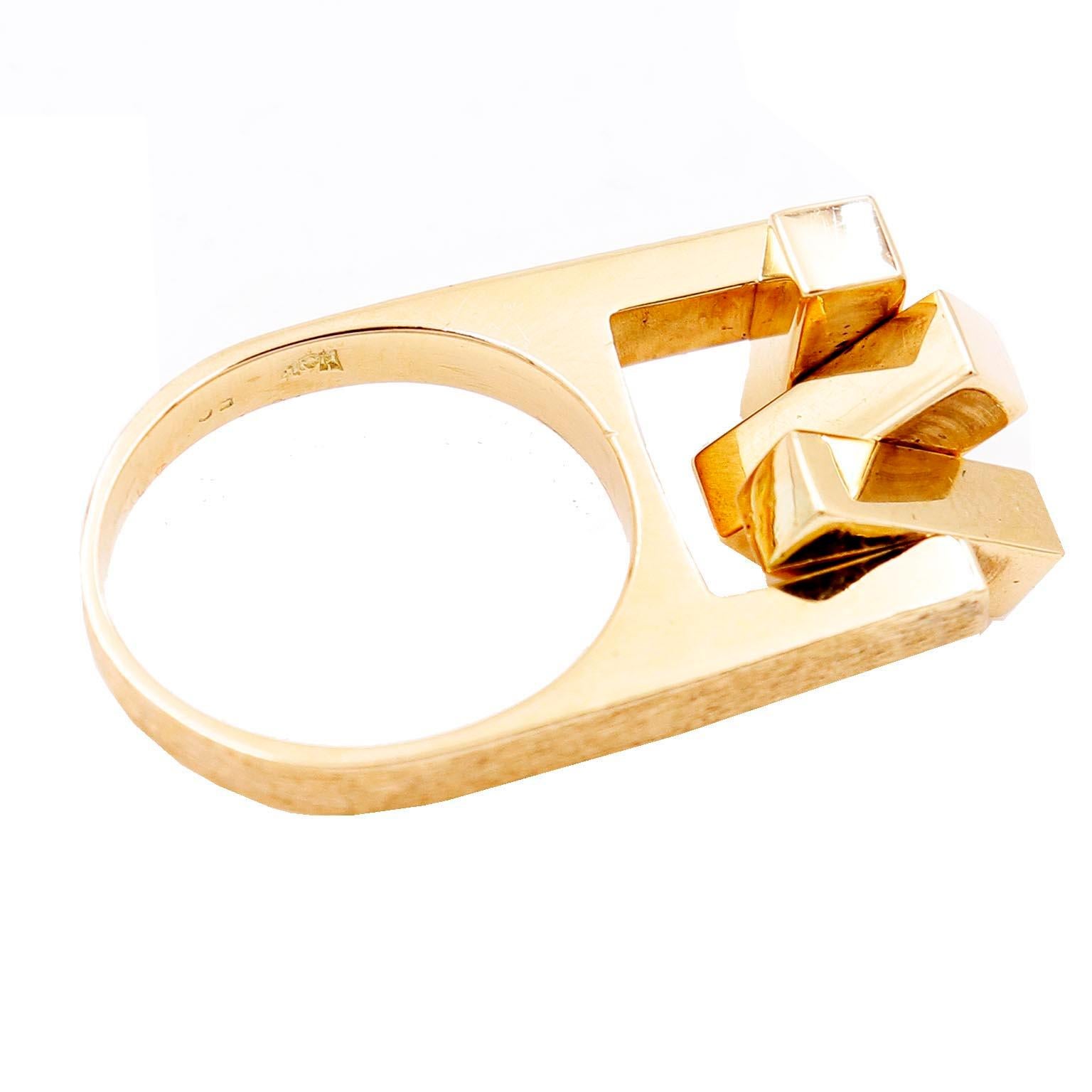 Women's or Men's Hans Hansen Denmark 1970s Modernist 14k Gold Kinetic Movable Parts Ring For Sale