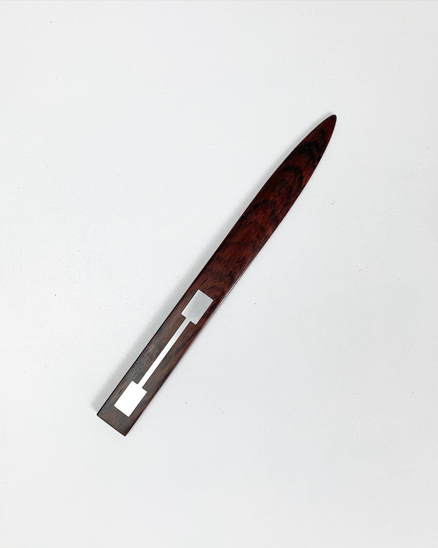 Hans Hansen Desk Set Paperknife Ink Roller & Pen Rest Rosewood Silver Inlays 60s 7