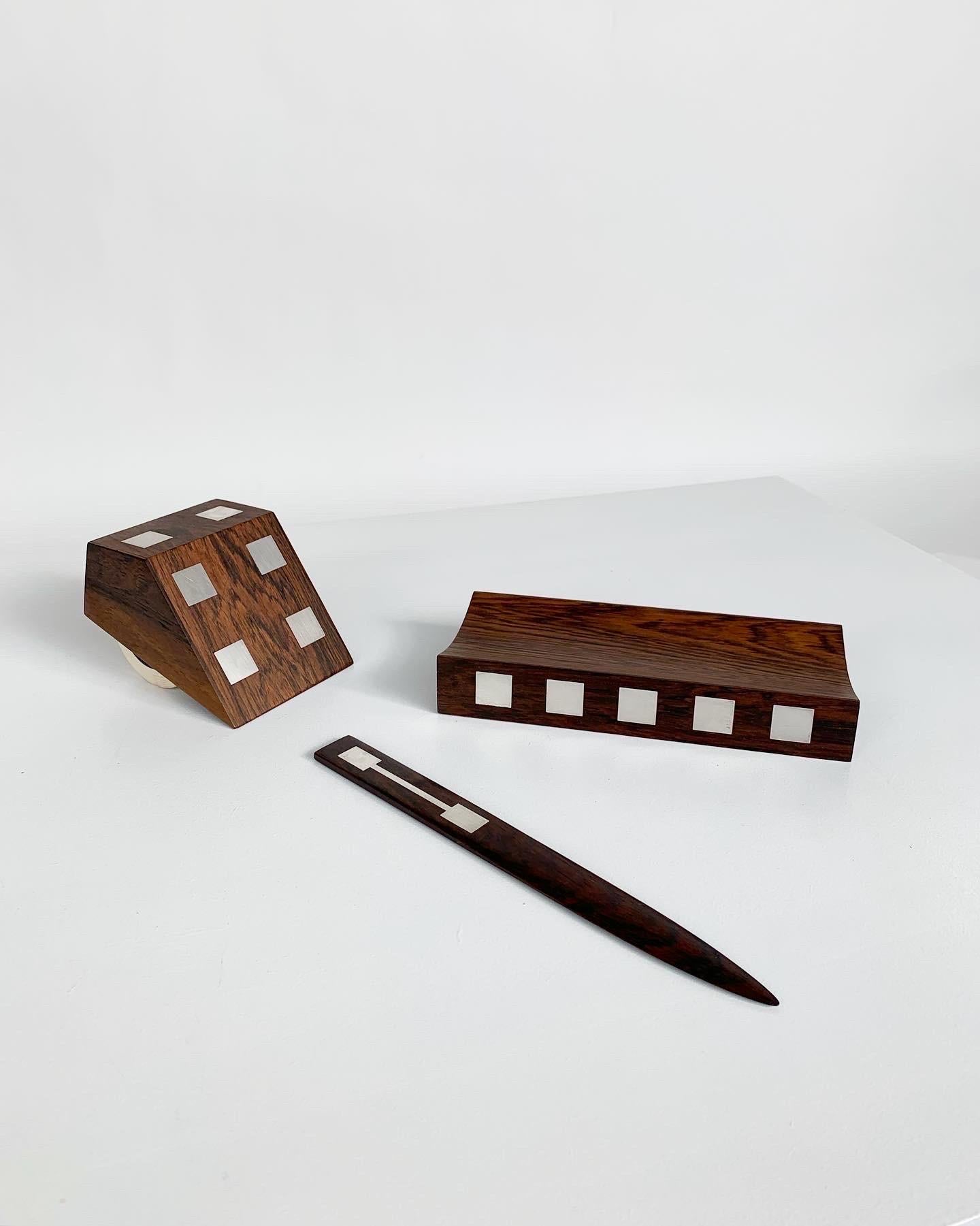 Danish Hans Hansen Desk Set Paperknife Ink Roller & Pen Rest Rosewood Silver Inlays 60s
