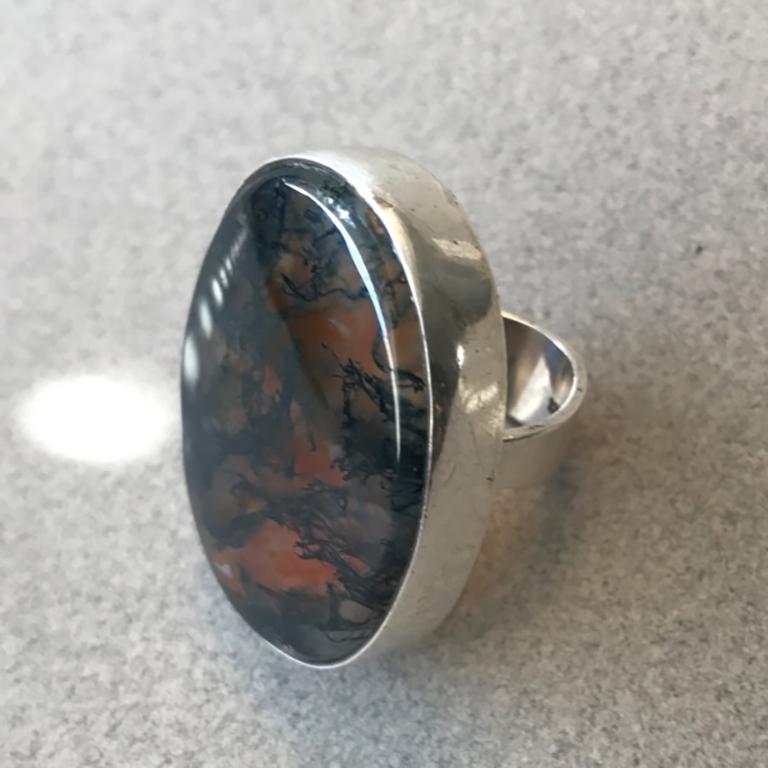 Women's or Men's Hans Hansen Modernist Sterling Silver and Moss Agate Ring(Size 6) For Sale