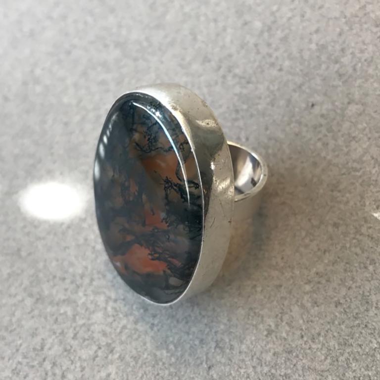 Hans Hansen Modernist Sterling Silver and Moss Agate Ring(Size 6) For Sale 1