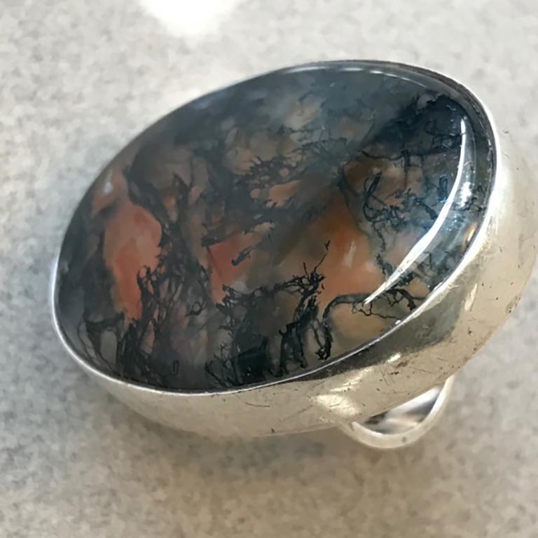 Hans Hansen Modernist Sterling Silver and Moss Agate Ring(Size 6) For Sale 2