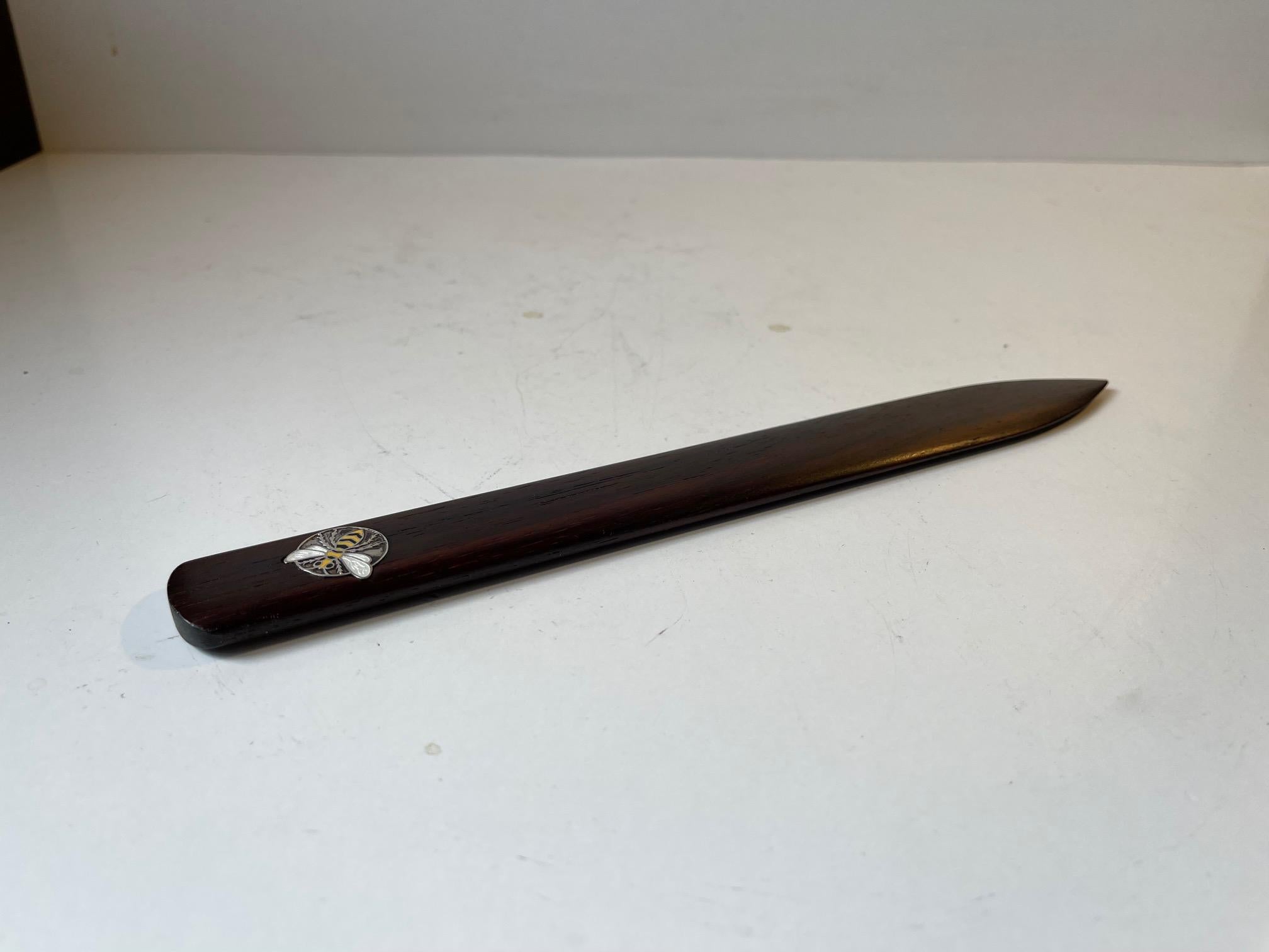 Mid-Century Modern Hans Hansen Rosewood Letter Opener with Silver Bee, 1950s For Sale