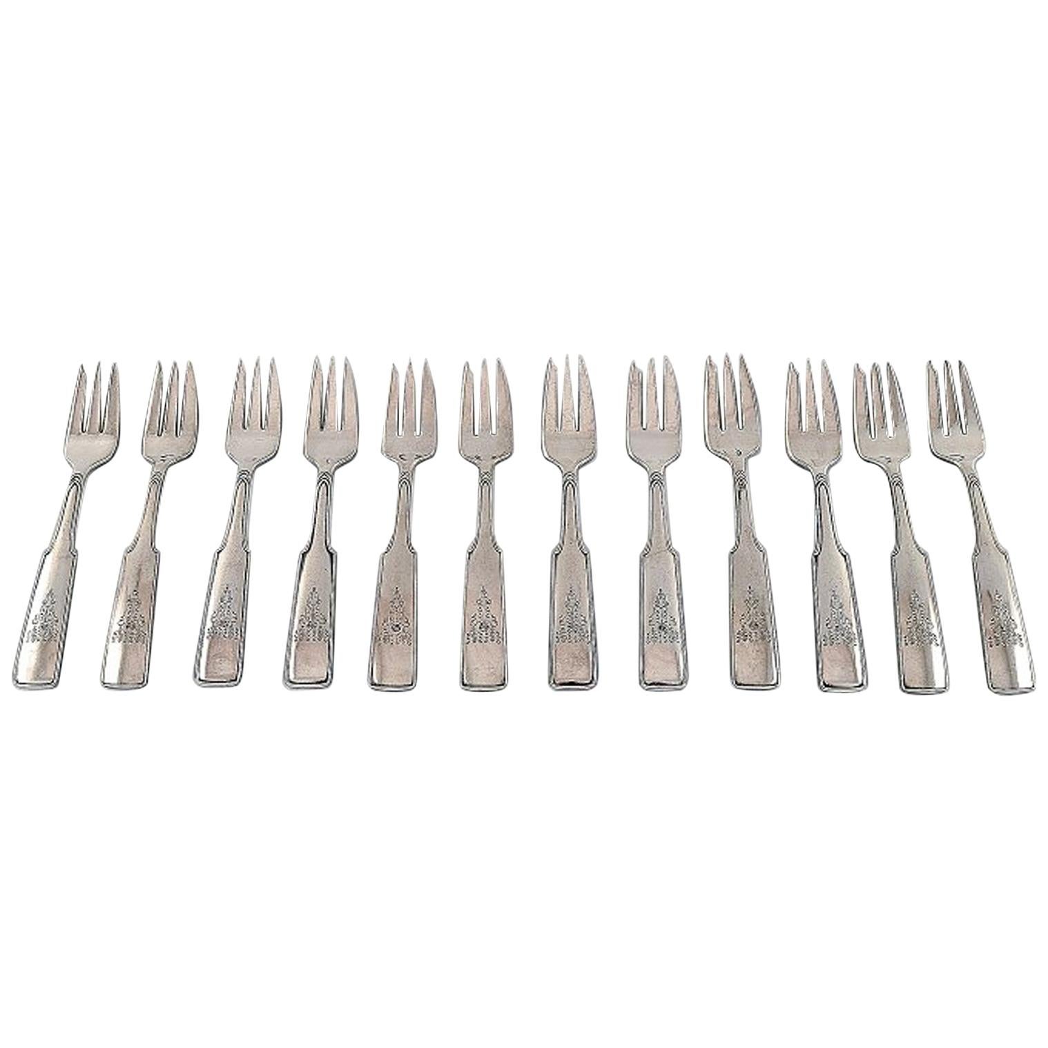 Hans Hansen Silverware Number 2, Set of 12 Pastry Forks in All Silver