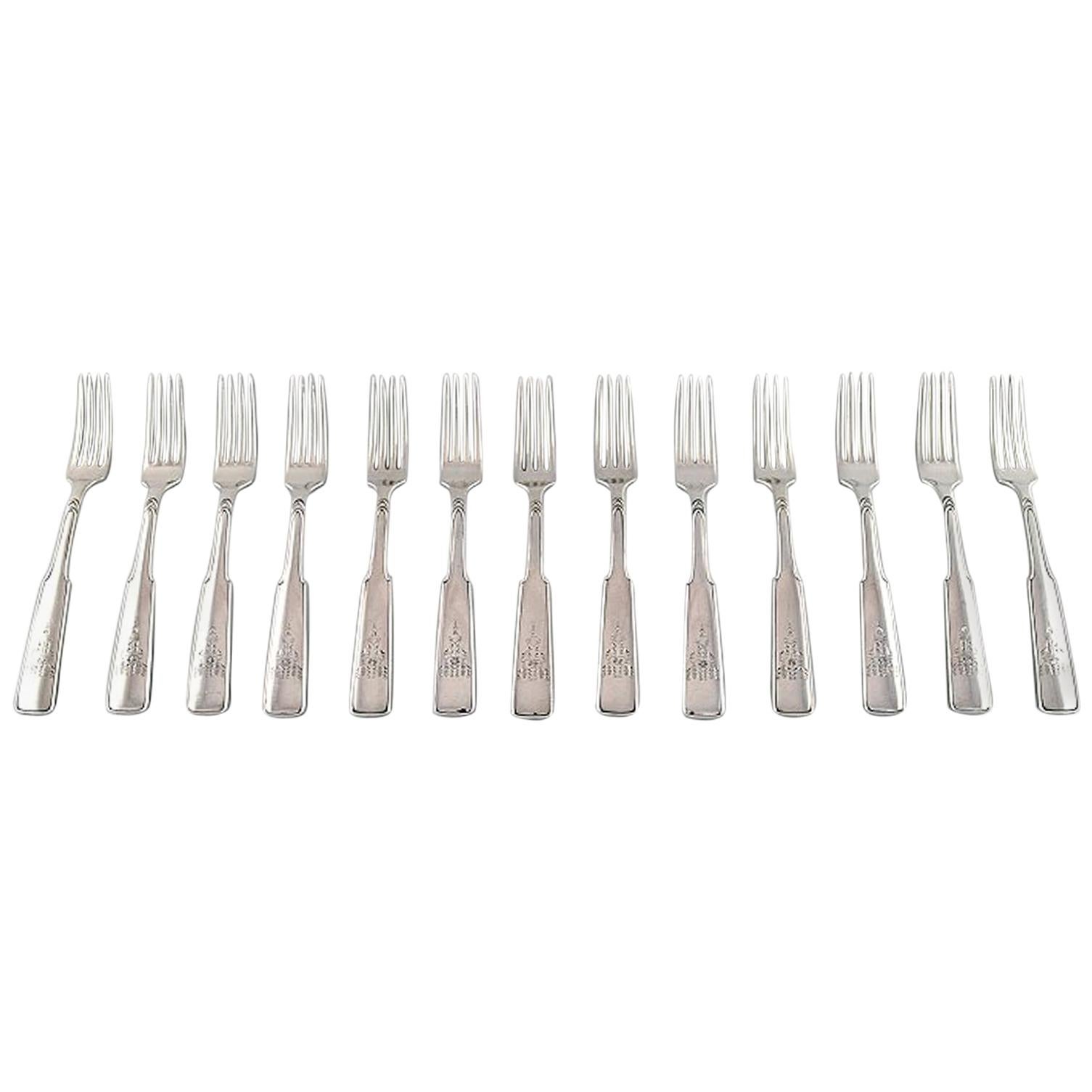 Hans Hansen Silverware Number 2, Set of 13 Lunch Forks in All Silver