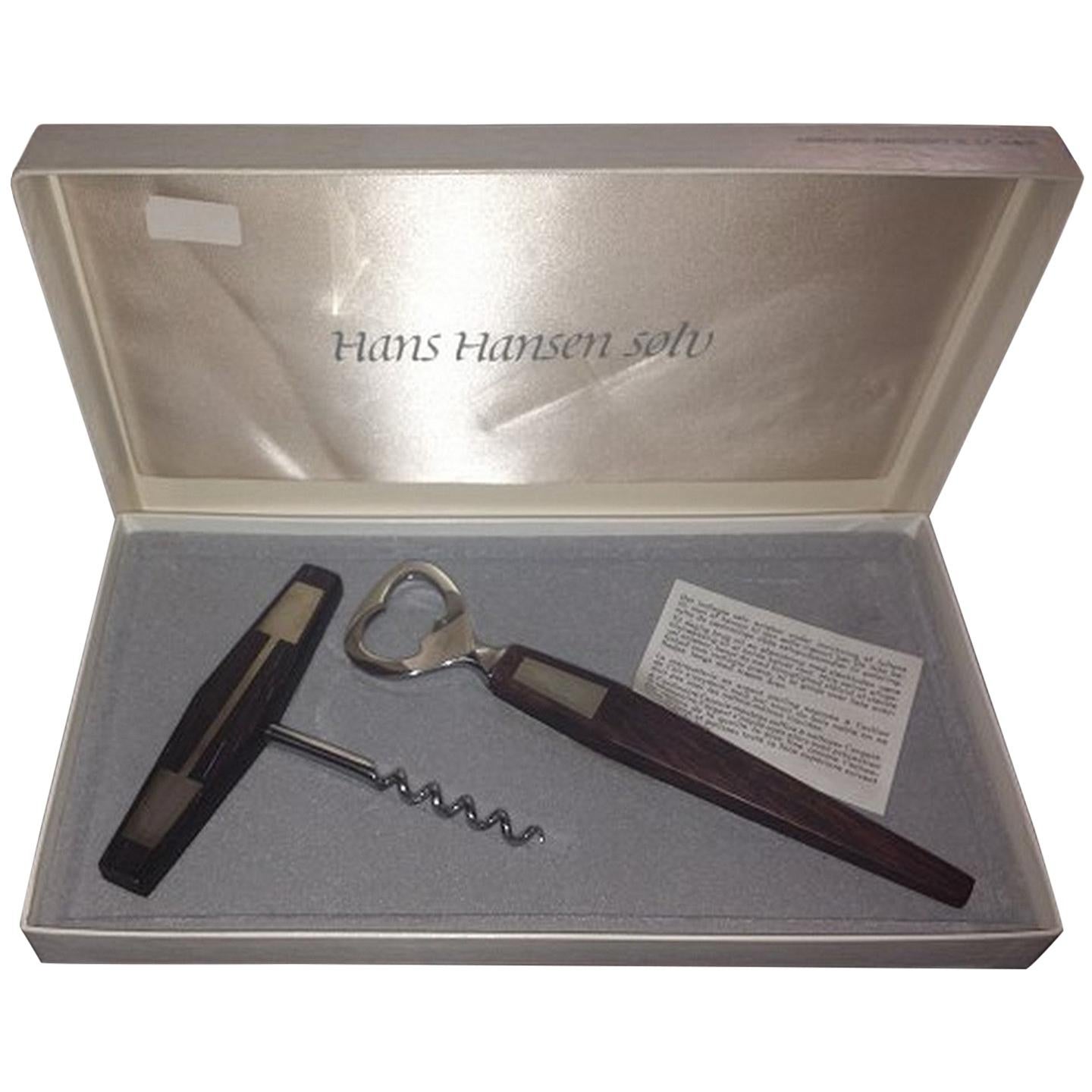 Hans Hansen Sterling Silver and Wood Bottle Opener and Corkscrew For Sale