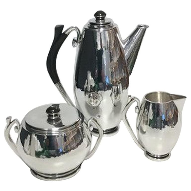 Hans Hansen Sterling Silver Coffee set with Coffee pot, creamer and sugar For Sale