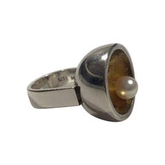 Hans Hansen Sterling Silver Ring with Pearl Bowl Shaped Gilt Inside Ring