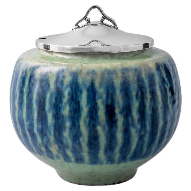 Hans Hansen Stoneware and Silver Jam Jar For Sale
