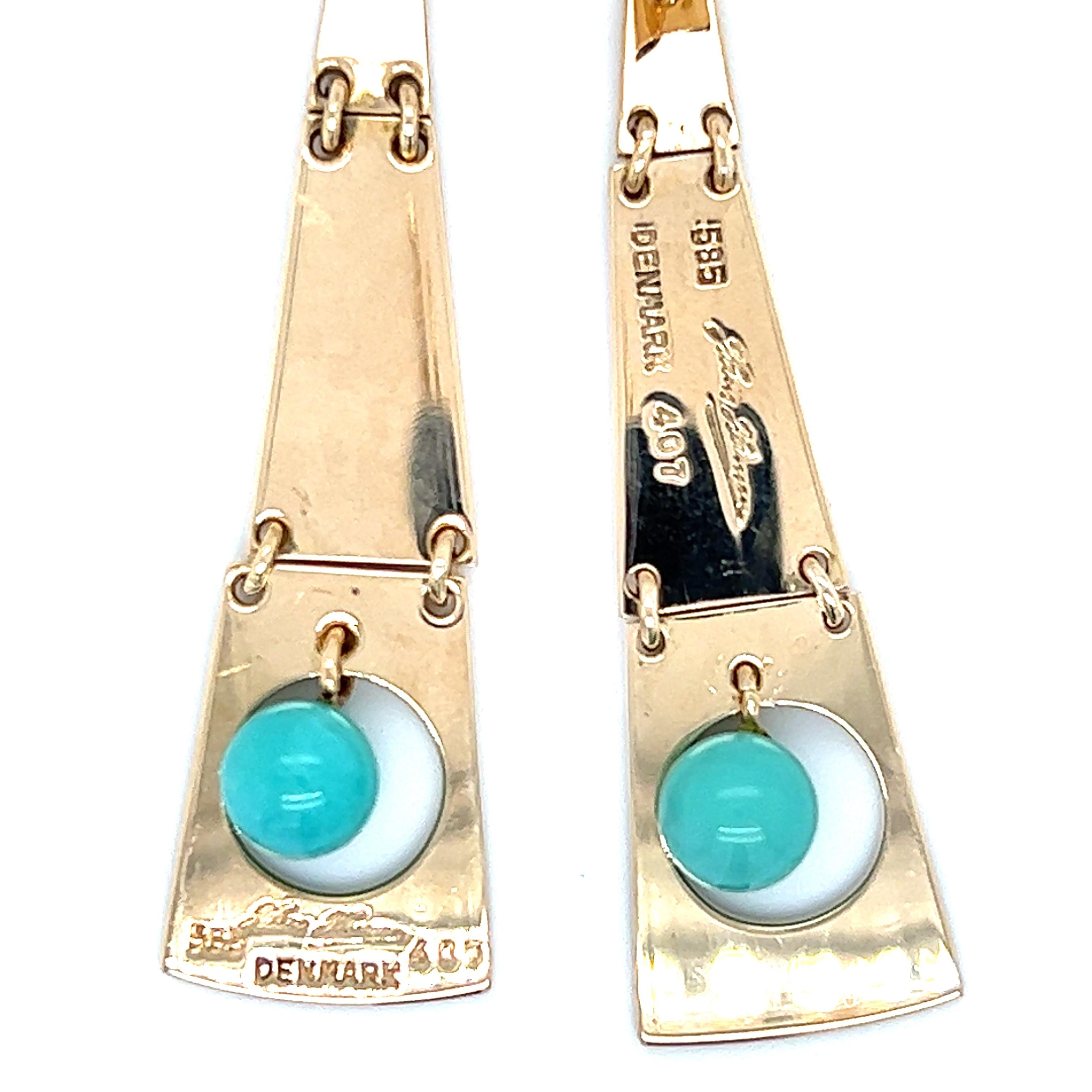 Hans Hanson Danish 14K Yellow Gold Turquoise Ball Dangle Earrings In Good Condition In Towson, MD